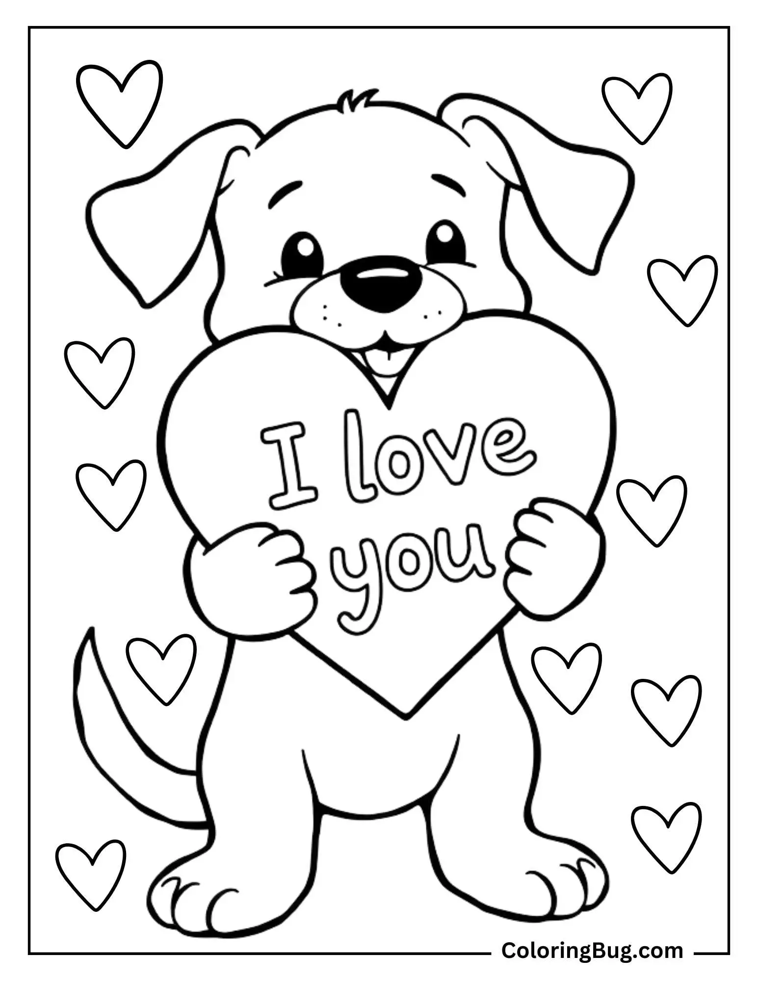 Dog Holding Heart With I Love You Coloring Sheet