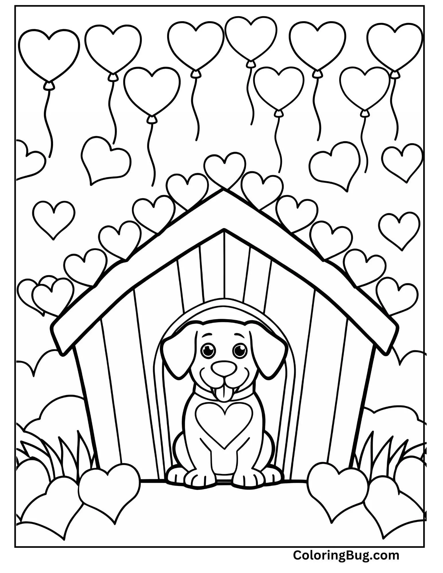 Dog Sitting in Its Home Celebrating Valentine's Day Coloring Sheet