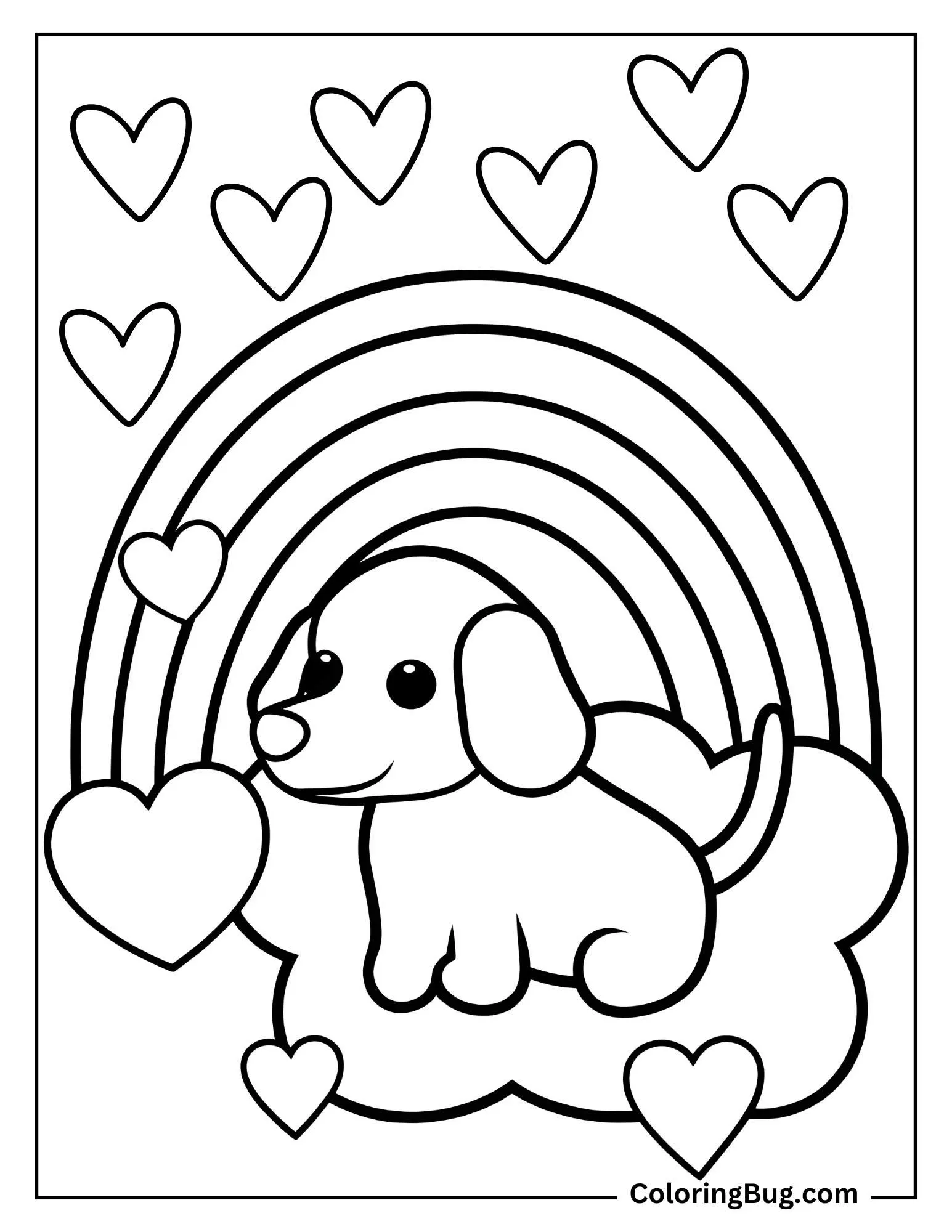 Dog With Rainbow and Hearts Coloring Sheet