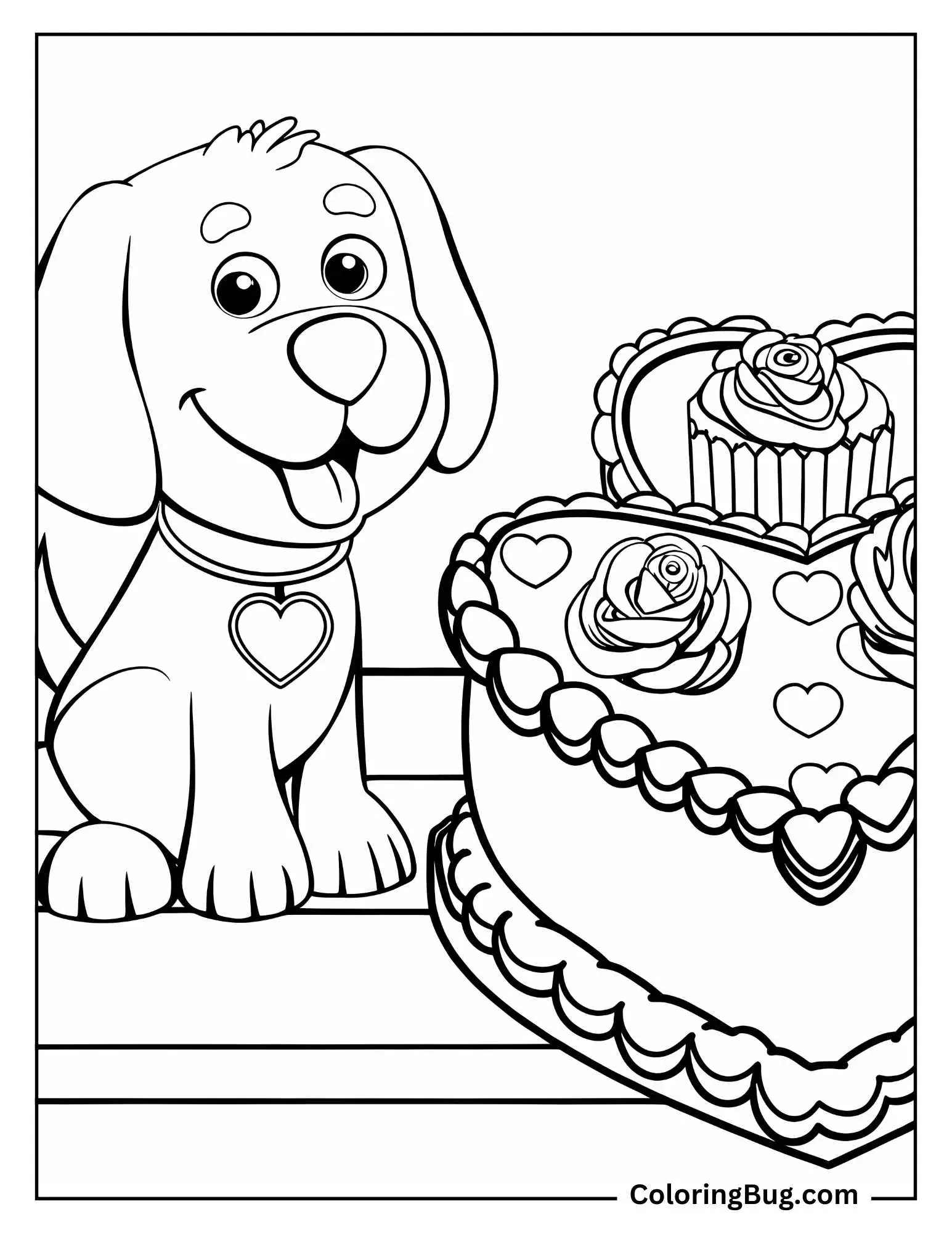 Dog With Valentine's day Cake Coloring Sheet