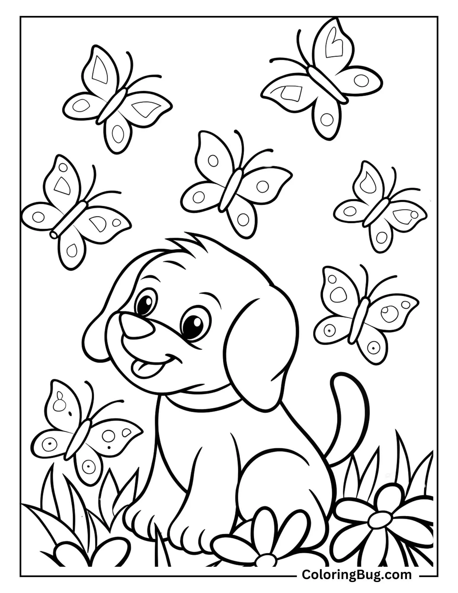 Dog in Butterfly Garden Coloring sheet
