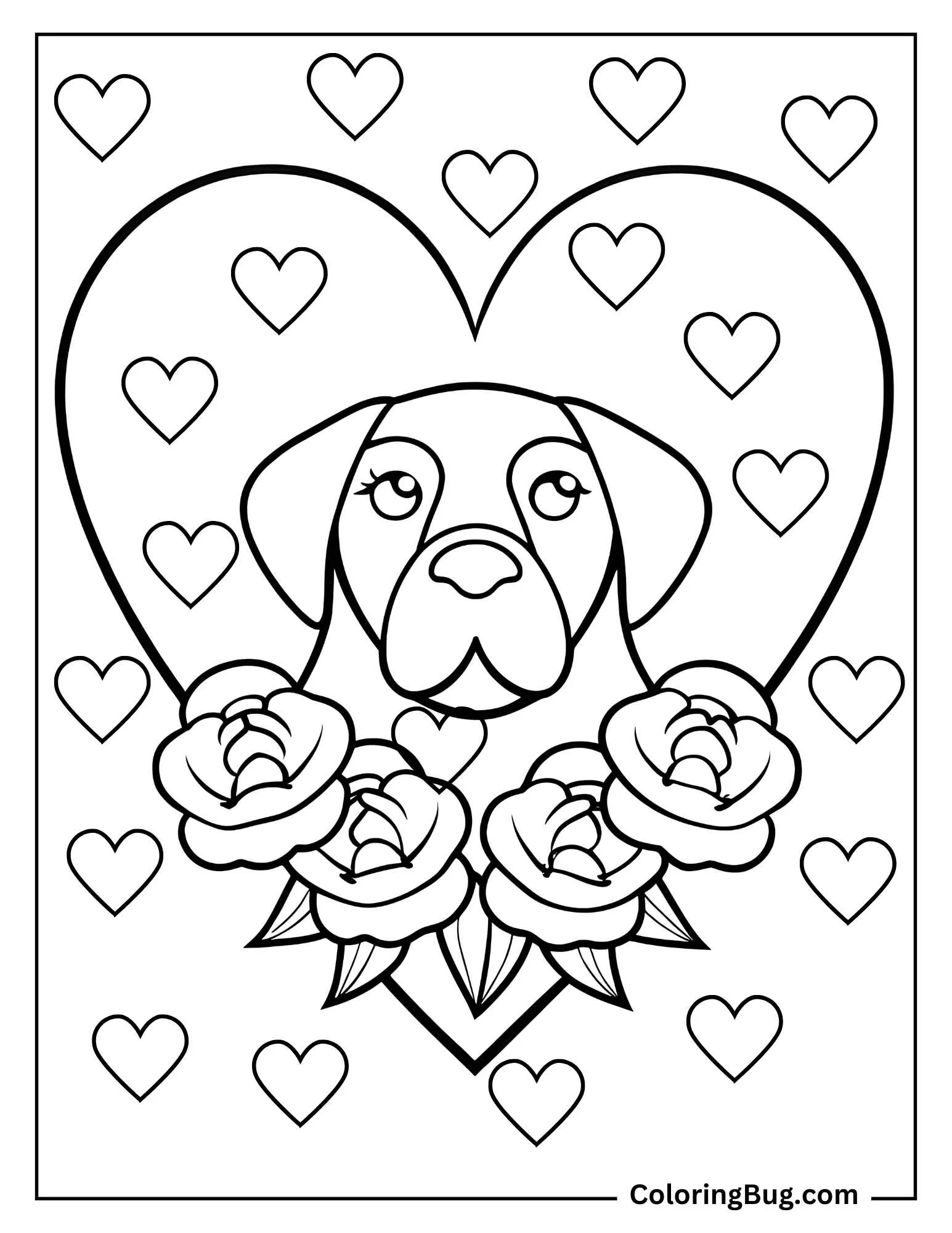 Dog in Heart With Roses Coloring Sheet