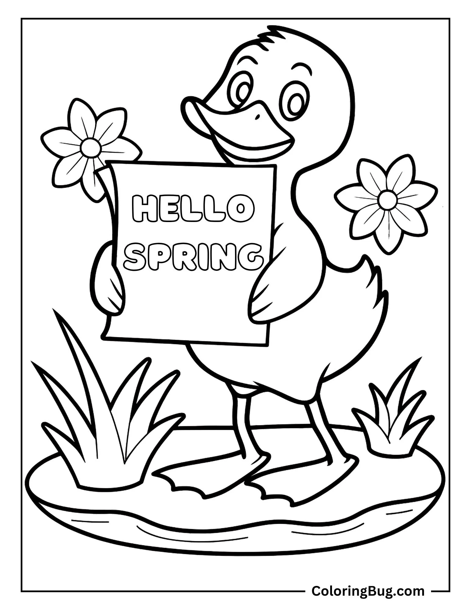Duckling Holding Hello Spring Card Coloring sheet