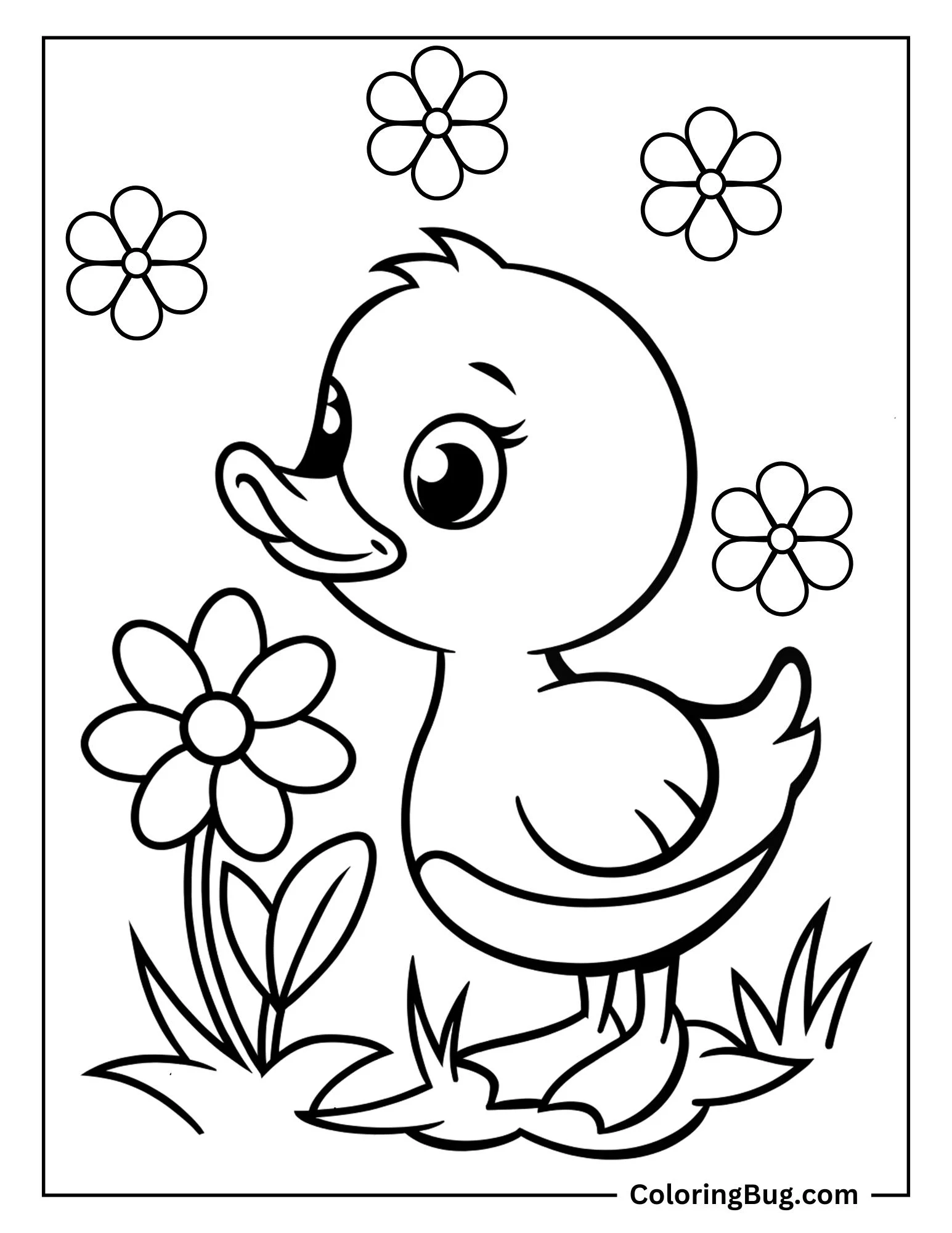 Duckling Sniffing Flower Coloring Sheet