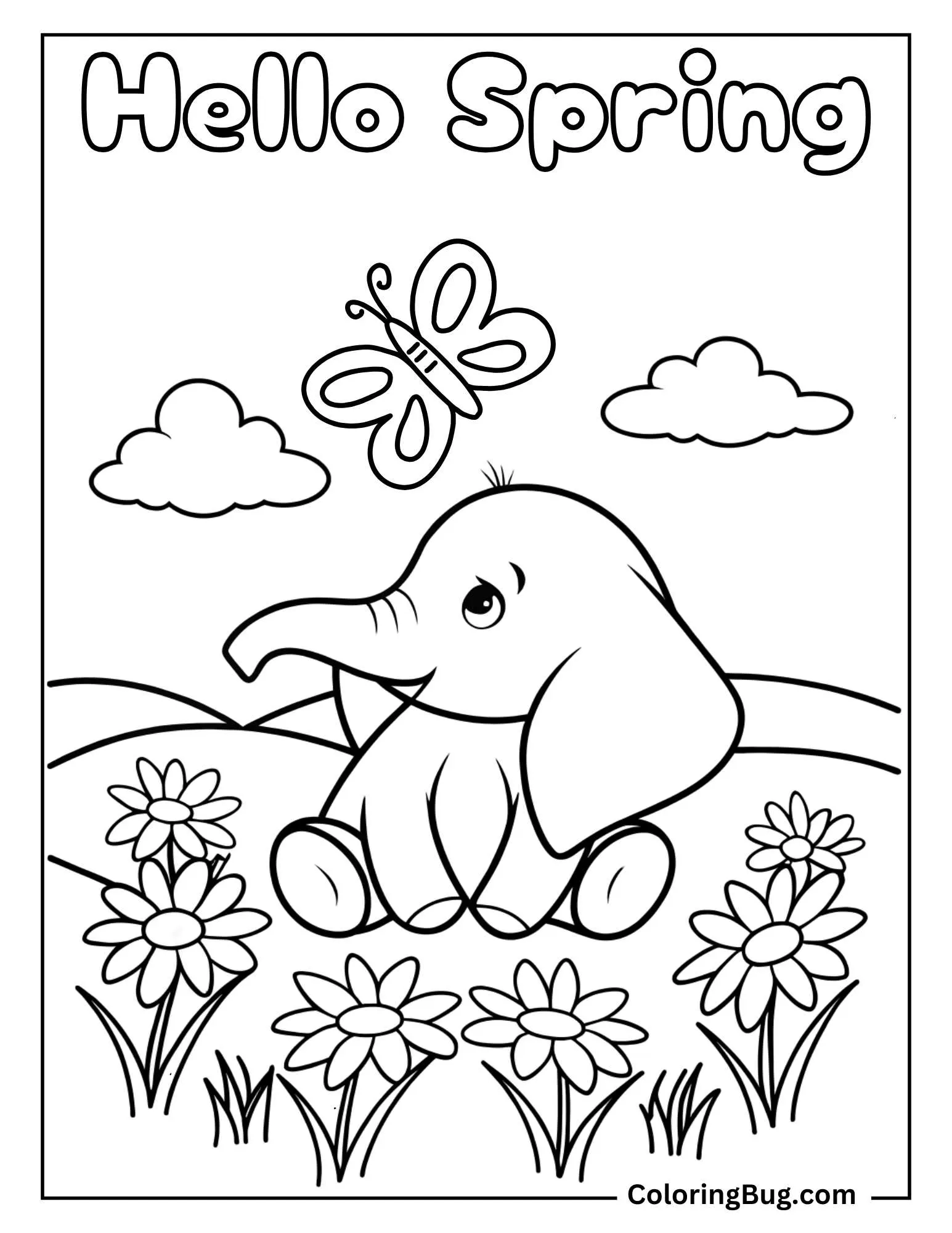 Dumbo Sitting in Meadow During Spring Coloring sheet
