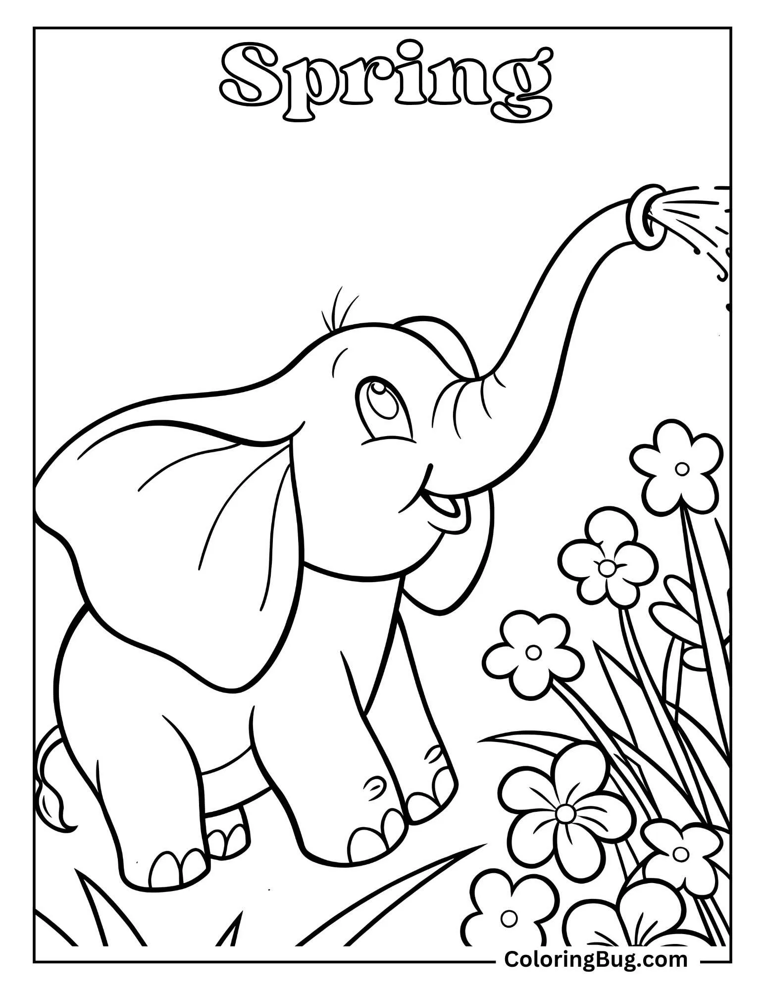 Dumbo Watering Blooming Flowers Plants With its Trunk Coloring sheet