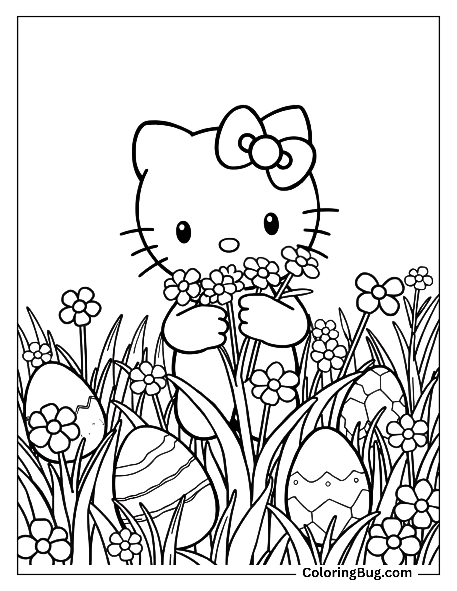 Easter Hello Holding Flowers With Hidden Easter Eggs Coloring sheet