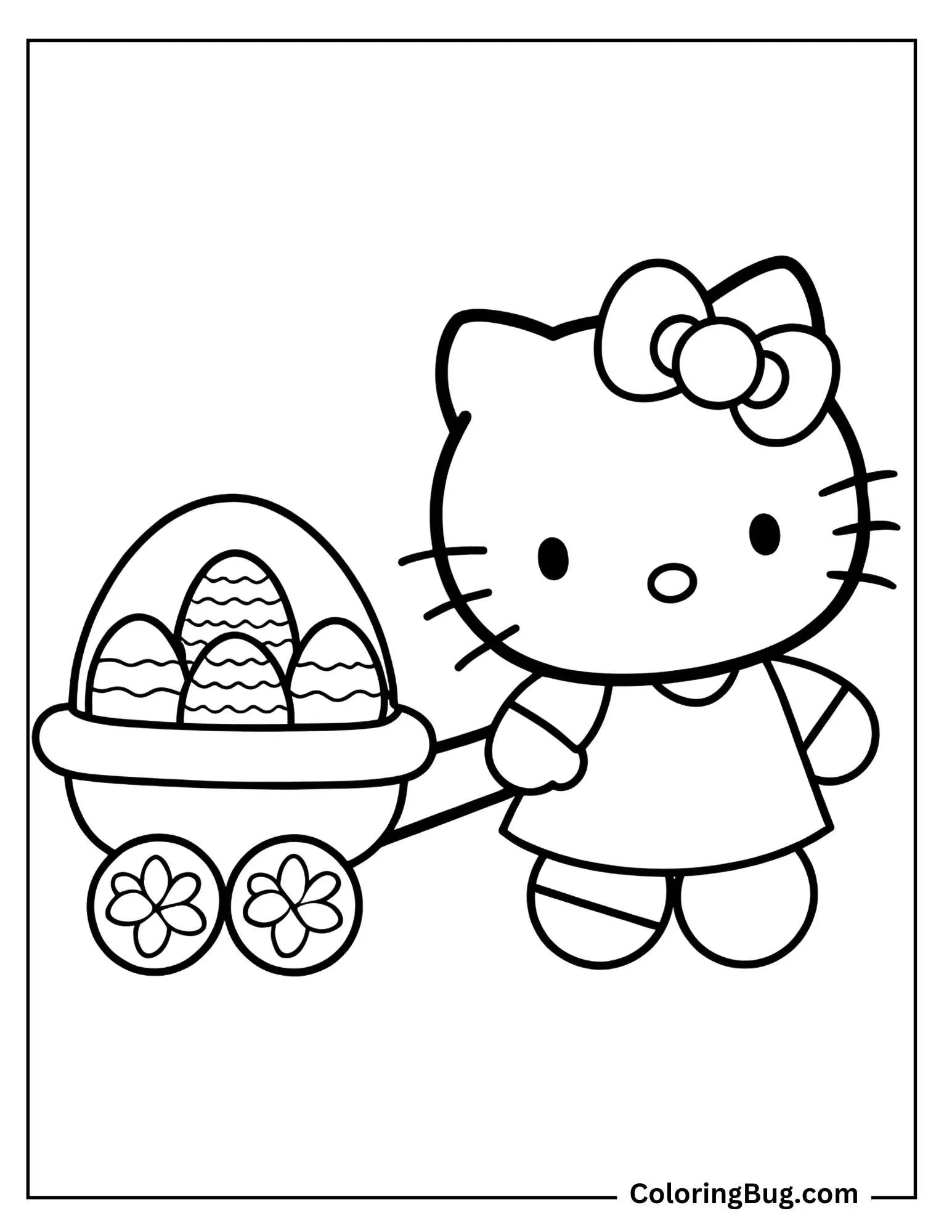 Easter Hello kitty Pulling Sled of Easter Eggs Coloring sheet