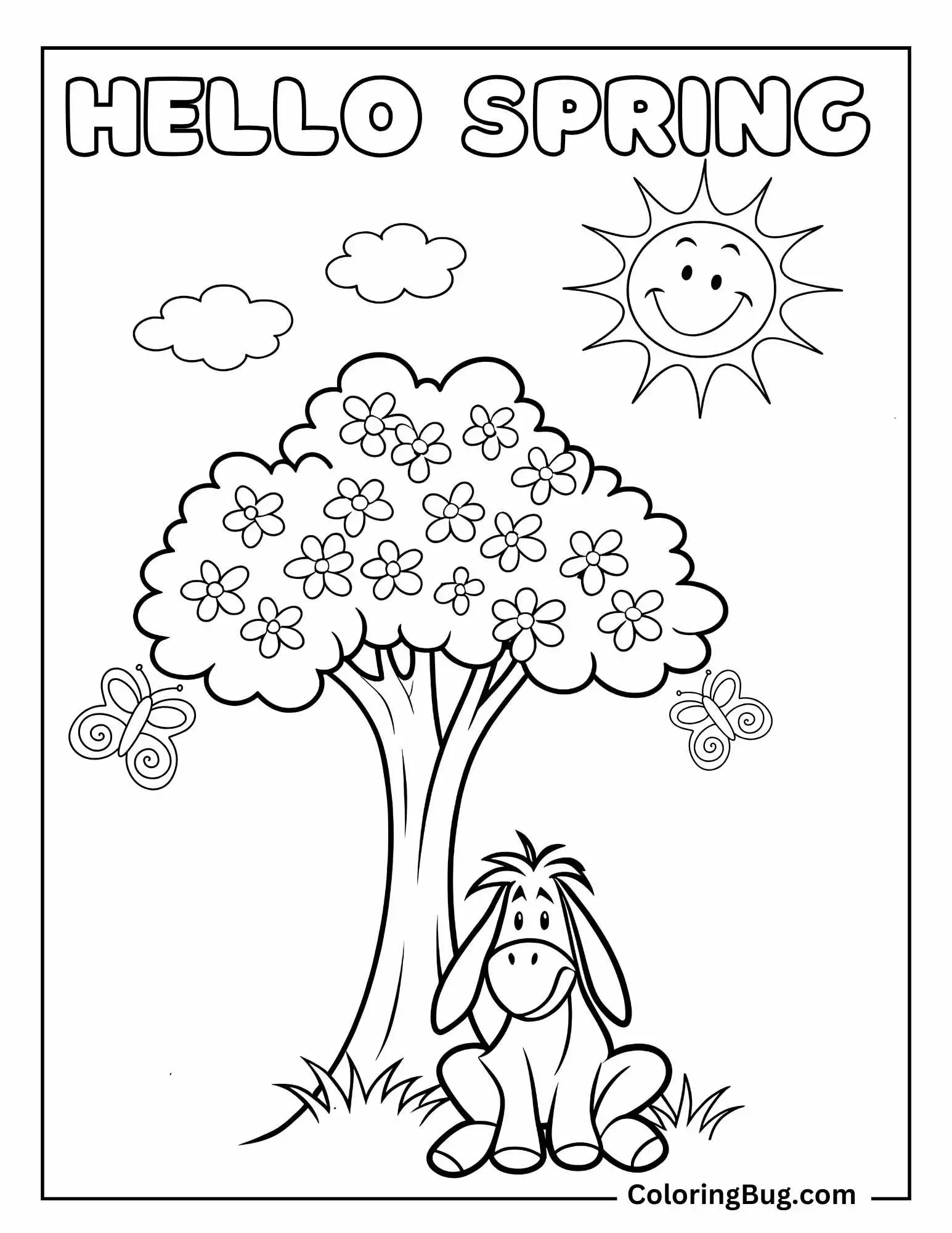 Eeyore Sitting Under a Blooming Tree Coloring sheet