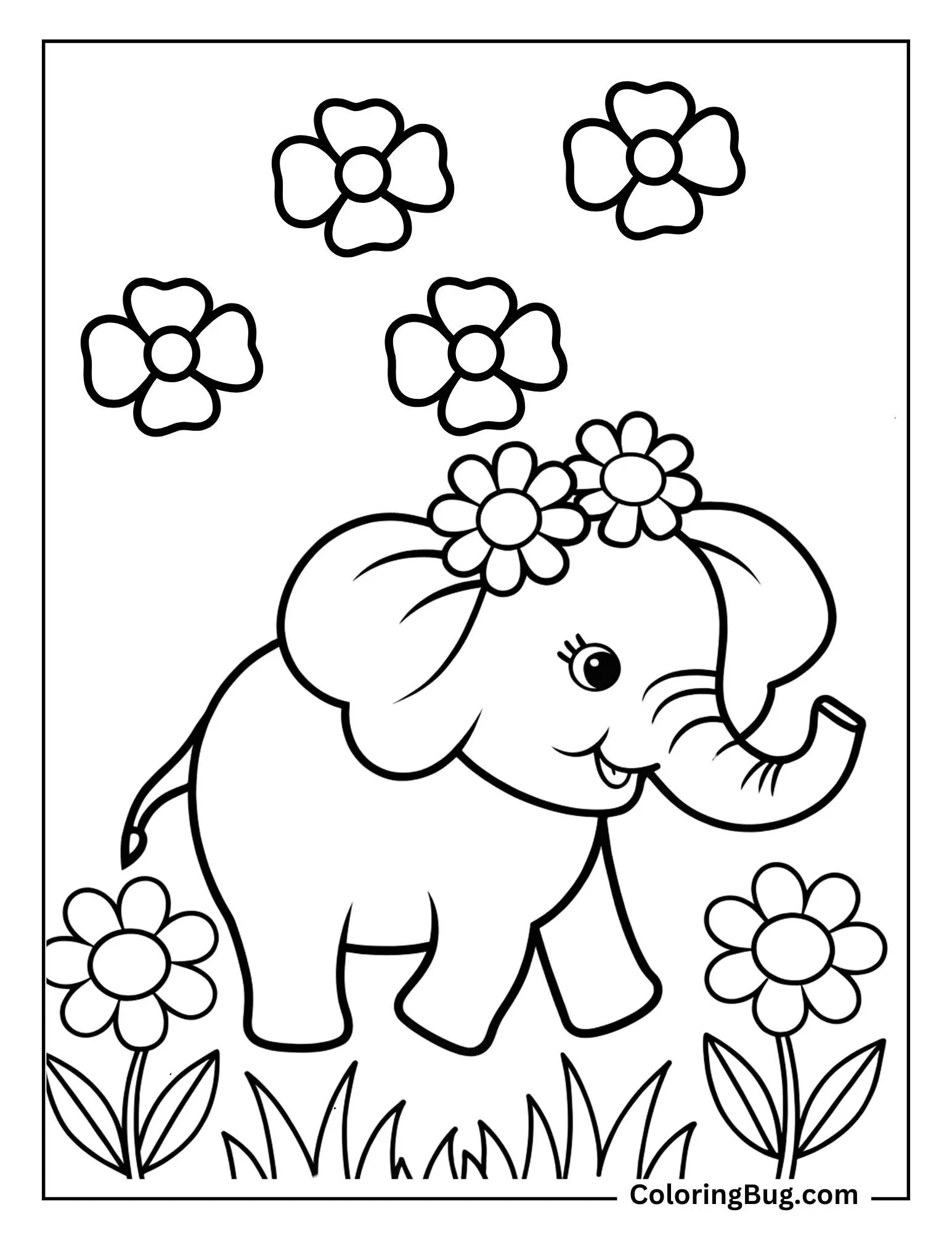 Elephant Walking Through Spring Garden Coloring Sheet