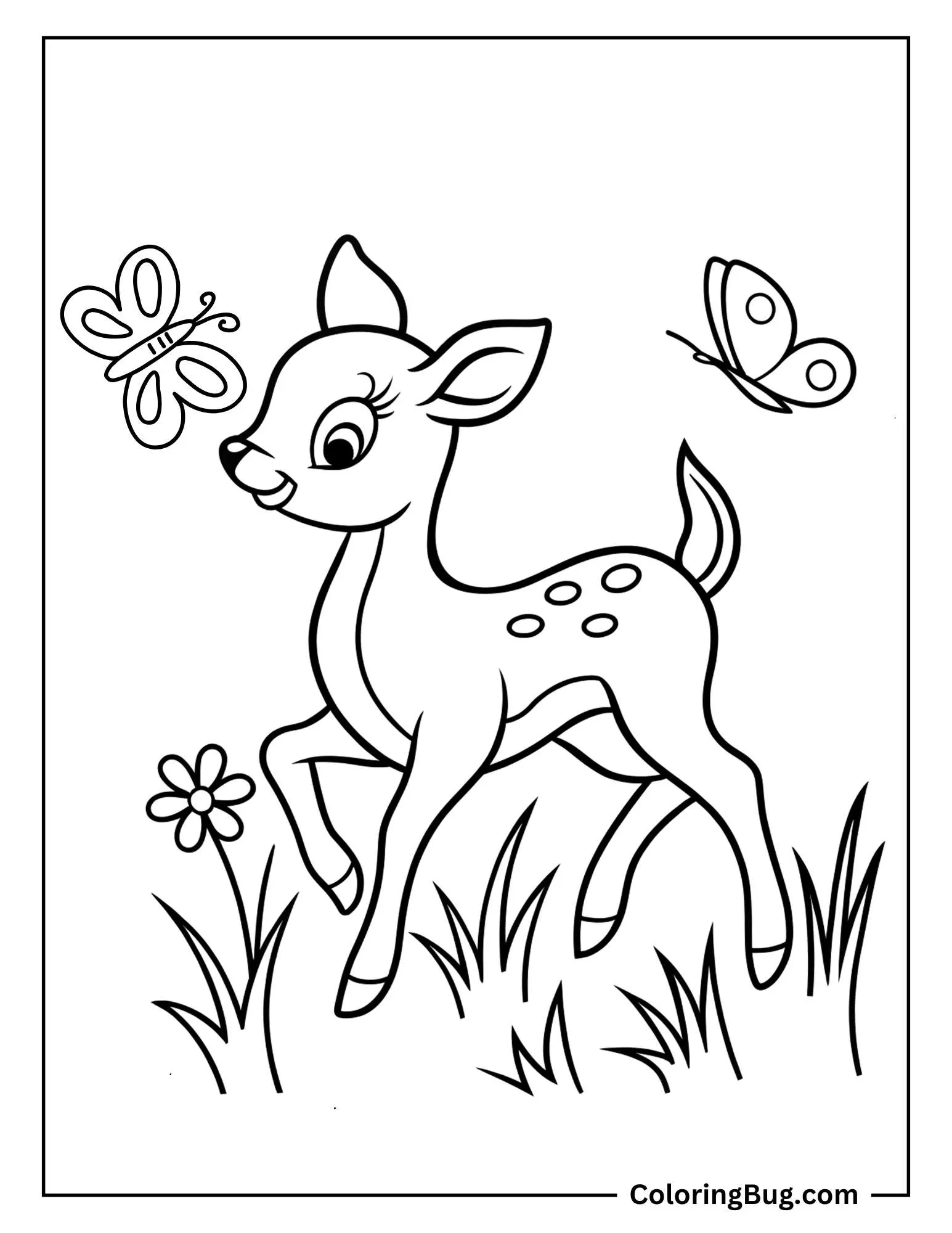 Fawn Playing With Butterflies During Spring Coloring Sheet