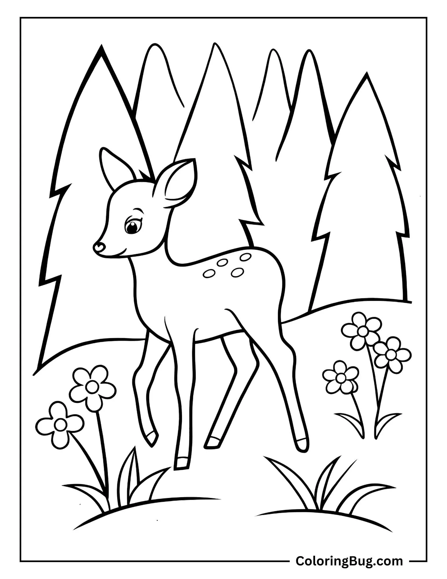 Fawn Walking Through Forest With Spring Flowers Blooming Coloring sheet