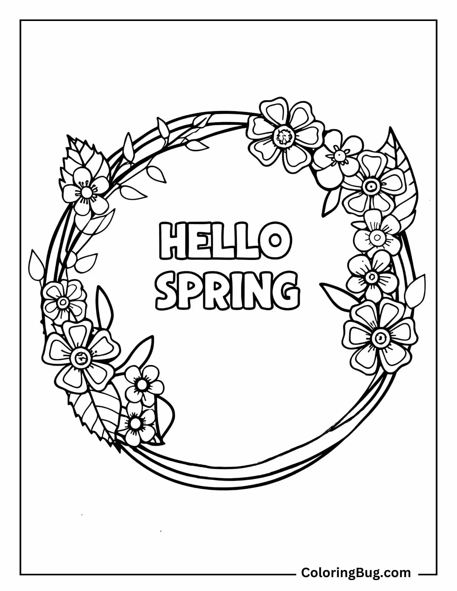 Floral Frame With Hello Spring Text Coloring Sheet