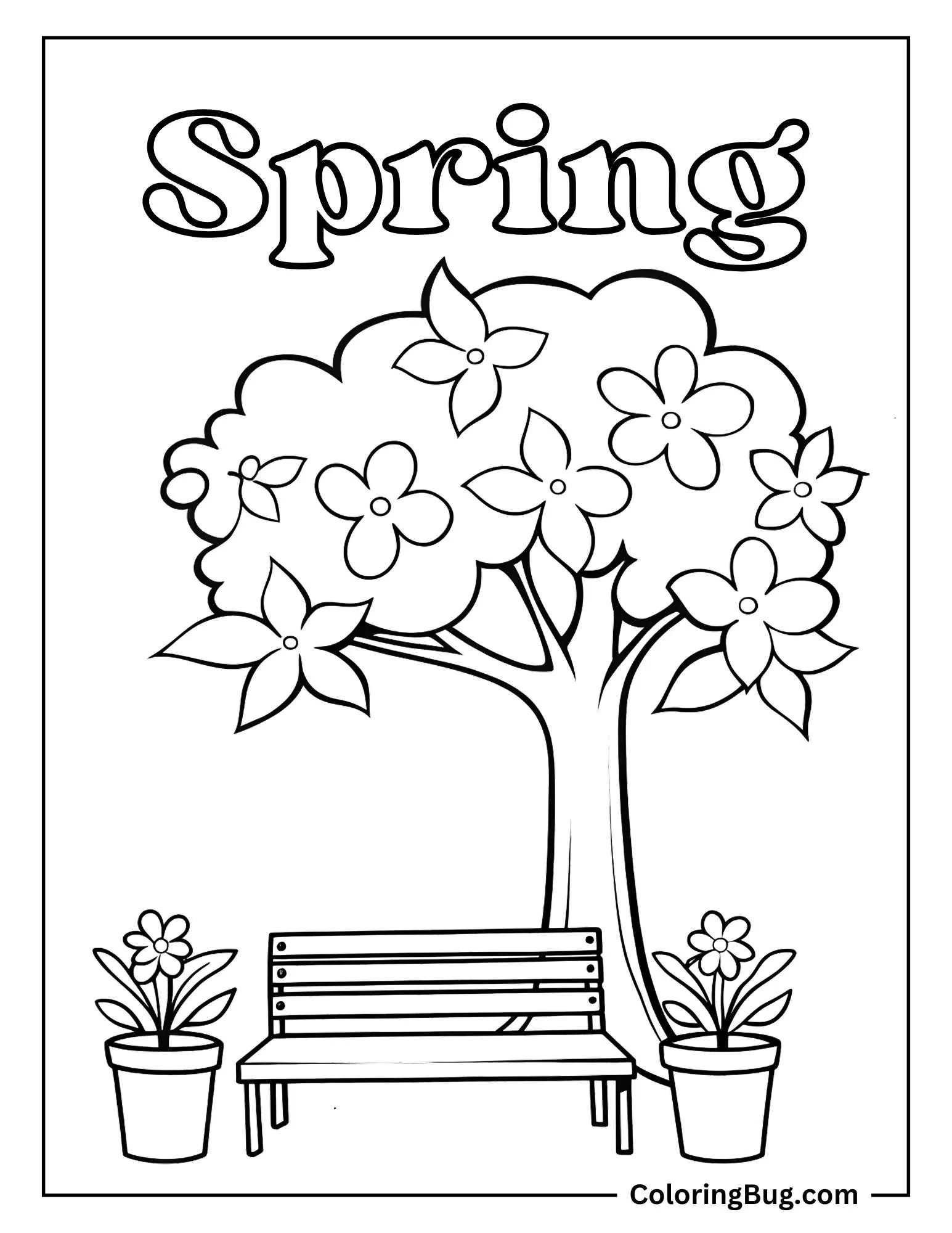 Flower Blooming Tree With Pots And Bunch Coloring Sheet
