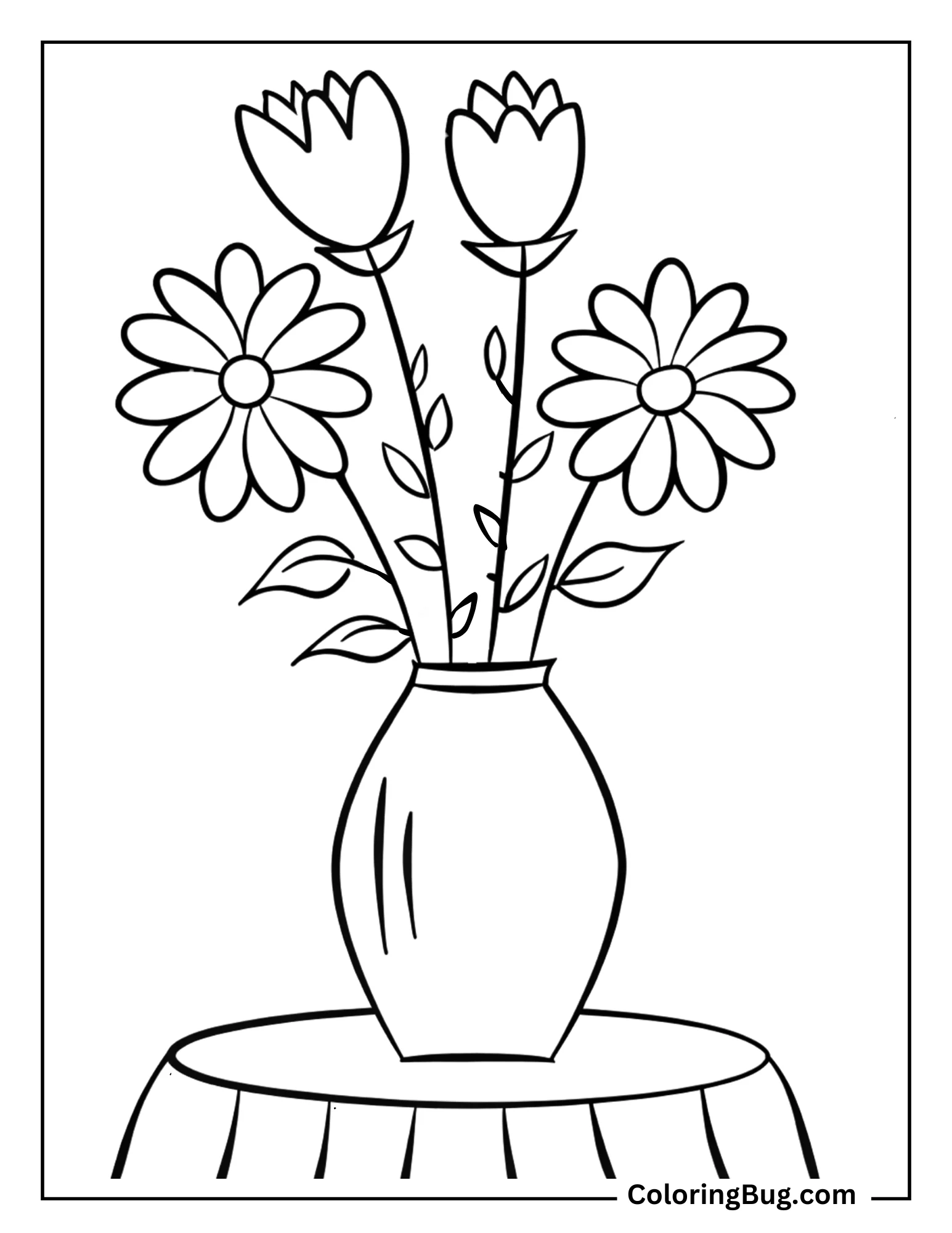 Flower Vase With Blooming Tulips And Daisies Coloring Sheet