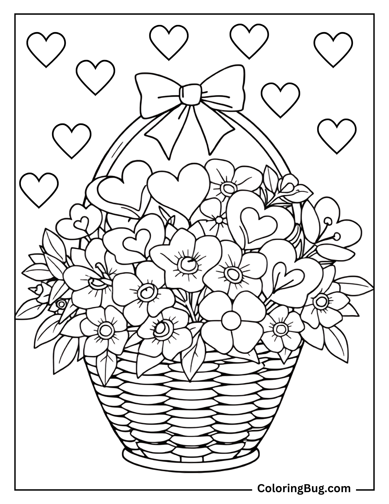 Flowers And Hearts in Basket With Ribbon Coloring Sheet