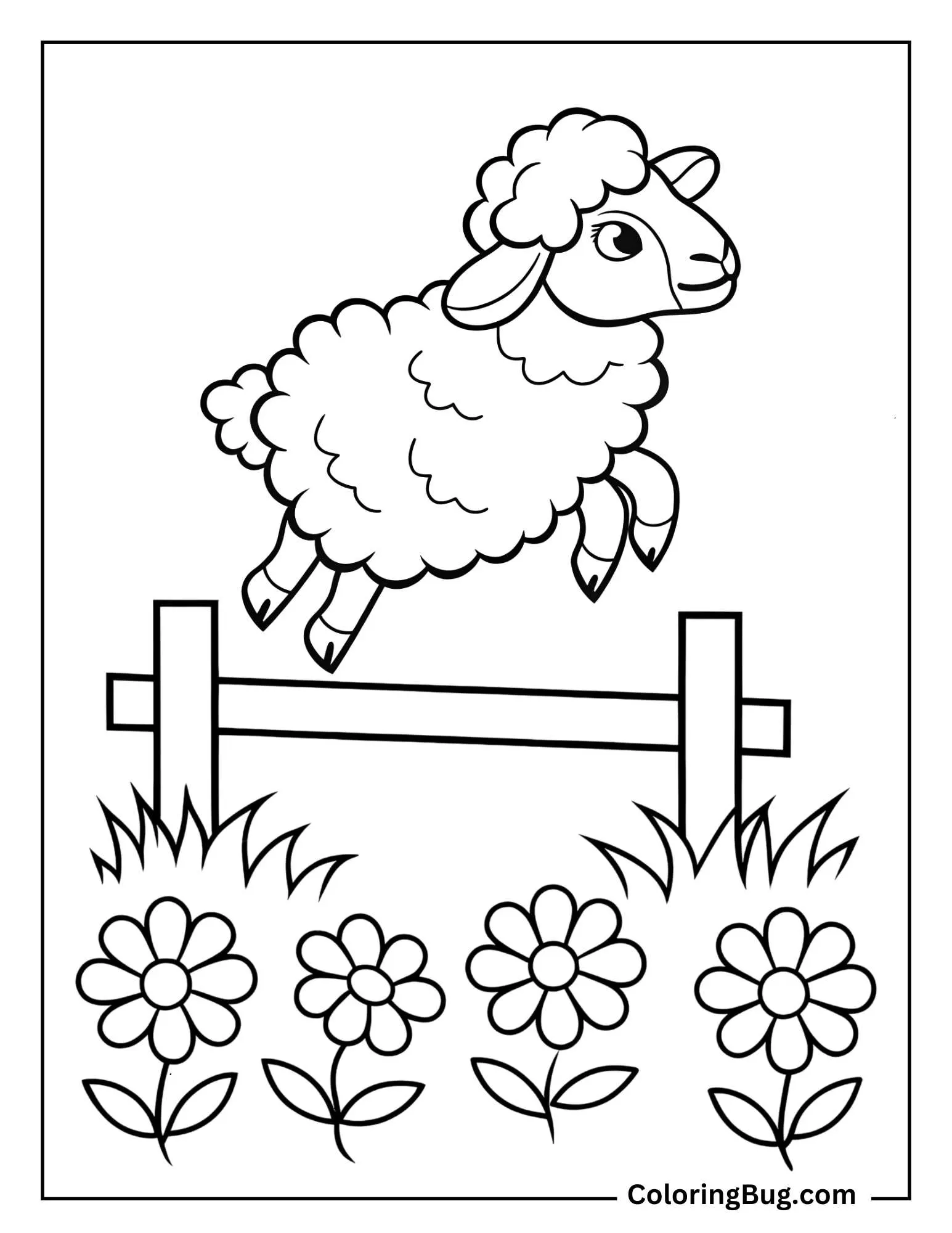 Fluffy Sheep Jumping Over a Fence Coloring Sheet