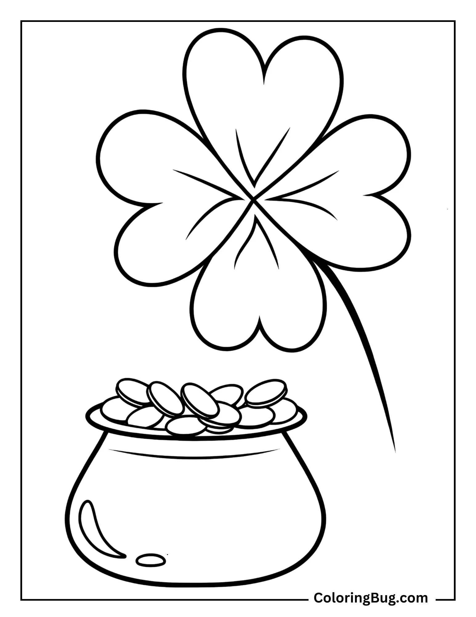 Giant Shamrock With Pot Of Gold Coins Coloring Sheet
