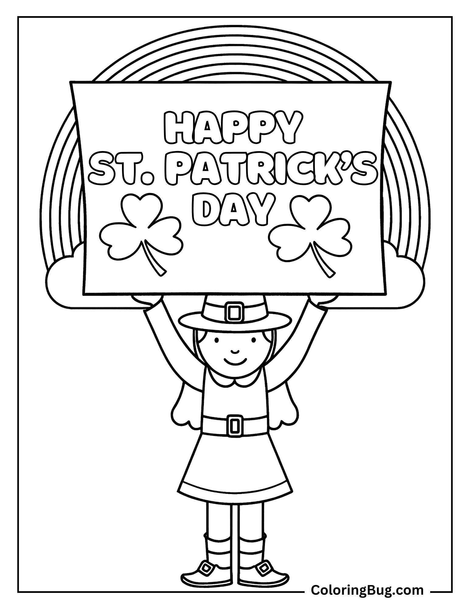 Girl Holding Happy St. Patrick's Day Banner Coloring Sheet