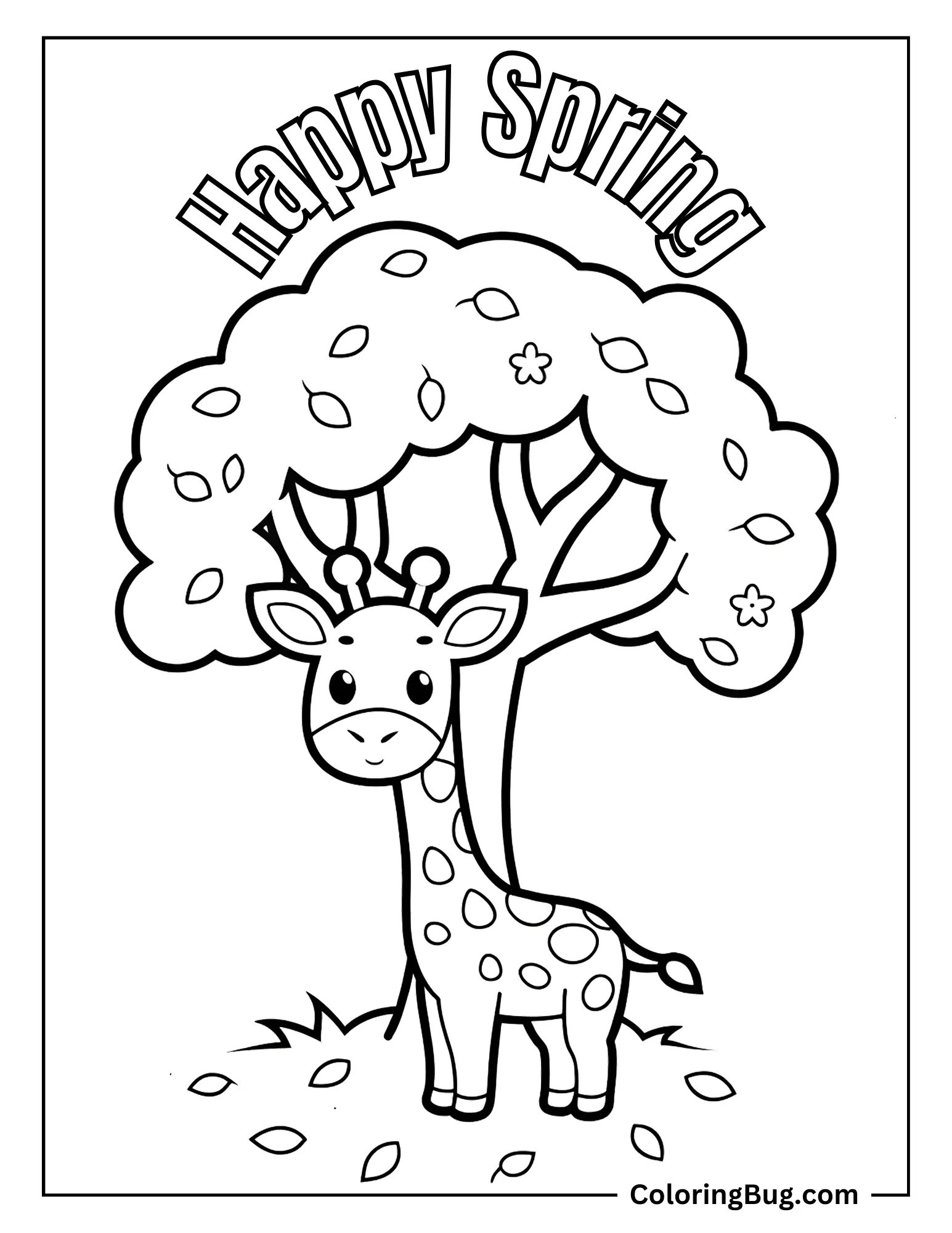 Girrafe Standing Under Cherry Blossom Tree Coloring sheet