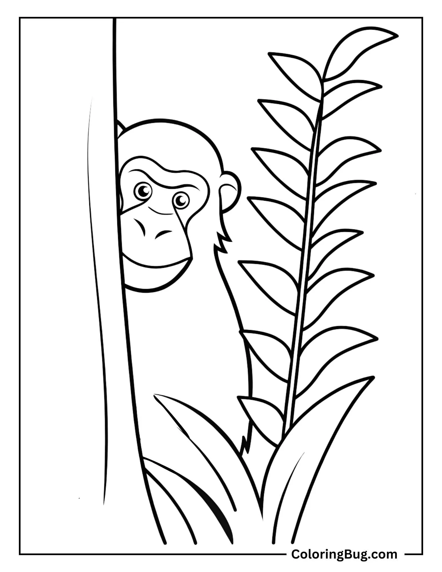 Gorilla Looking Out From Behind Tall Lush Plants Coloring Sheet
