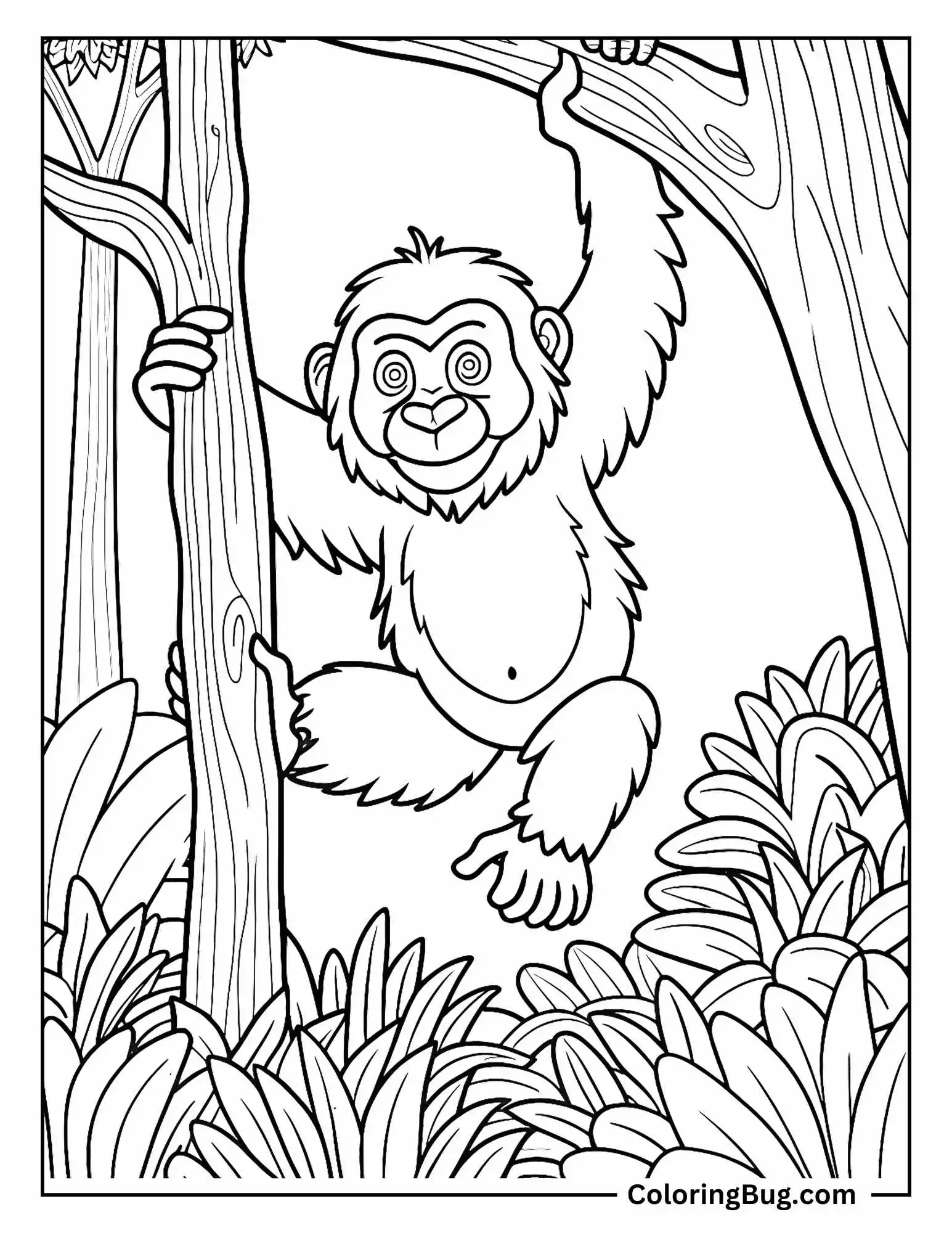 Gorilla Playing With a Tree Branch Twirling It In Its Hands Coloring Sheet