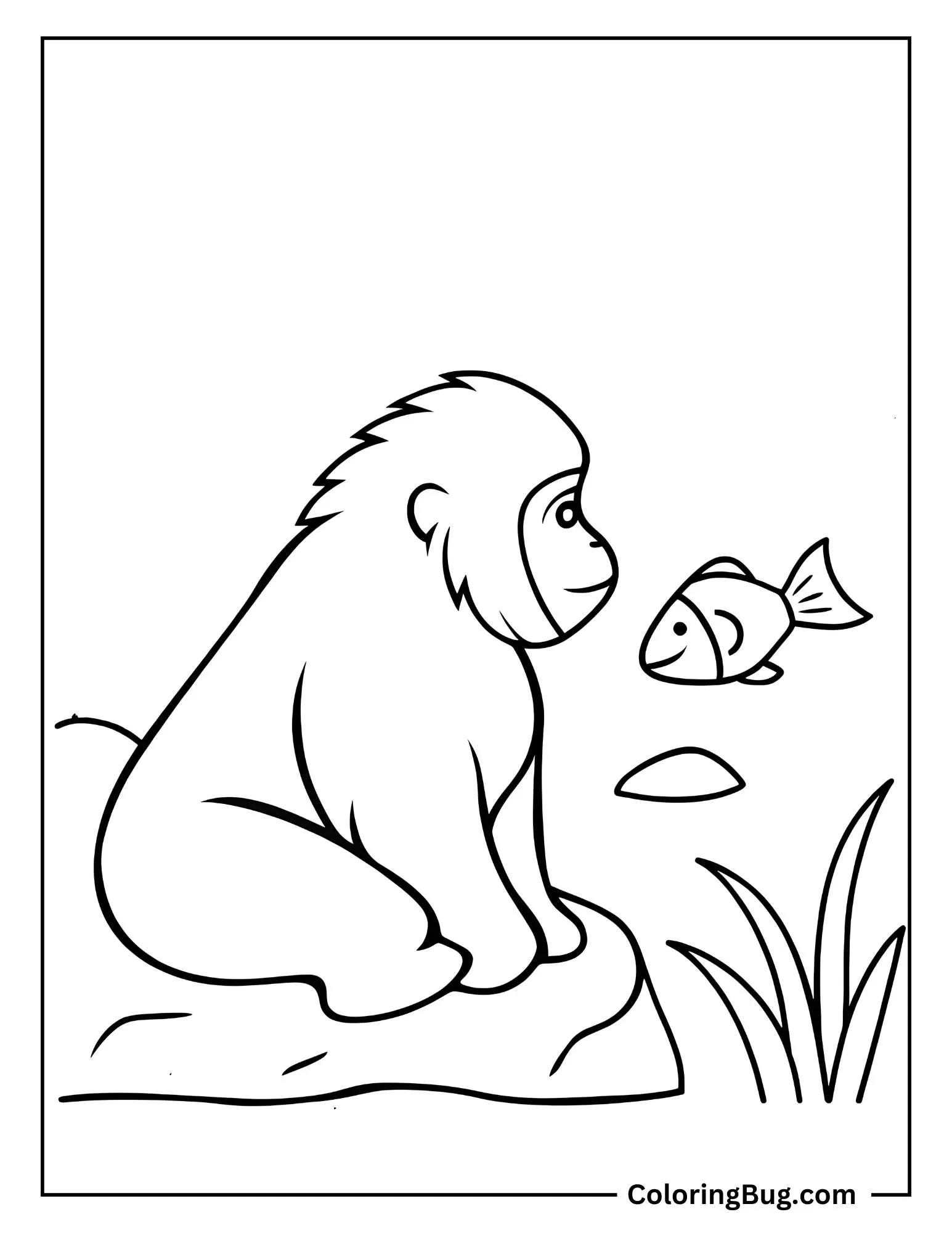 Gorilla Sitting By a Stream Watching Fish Swim By Coloring Sheet