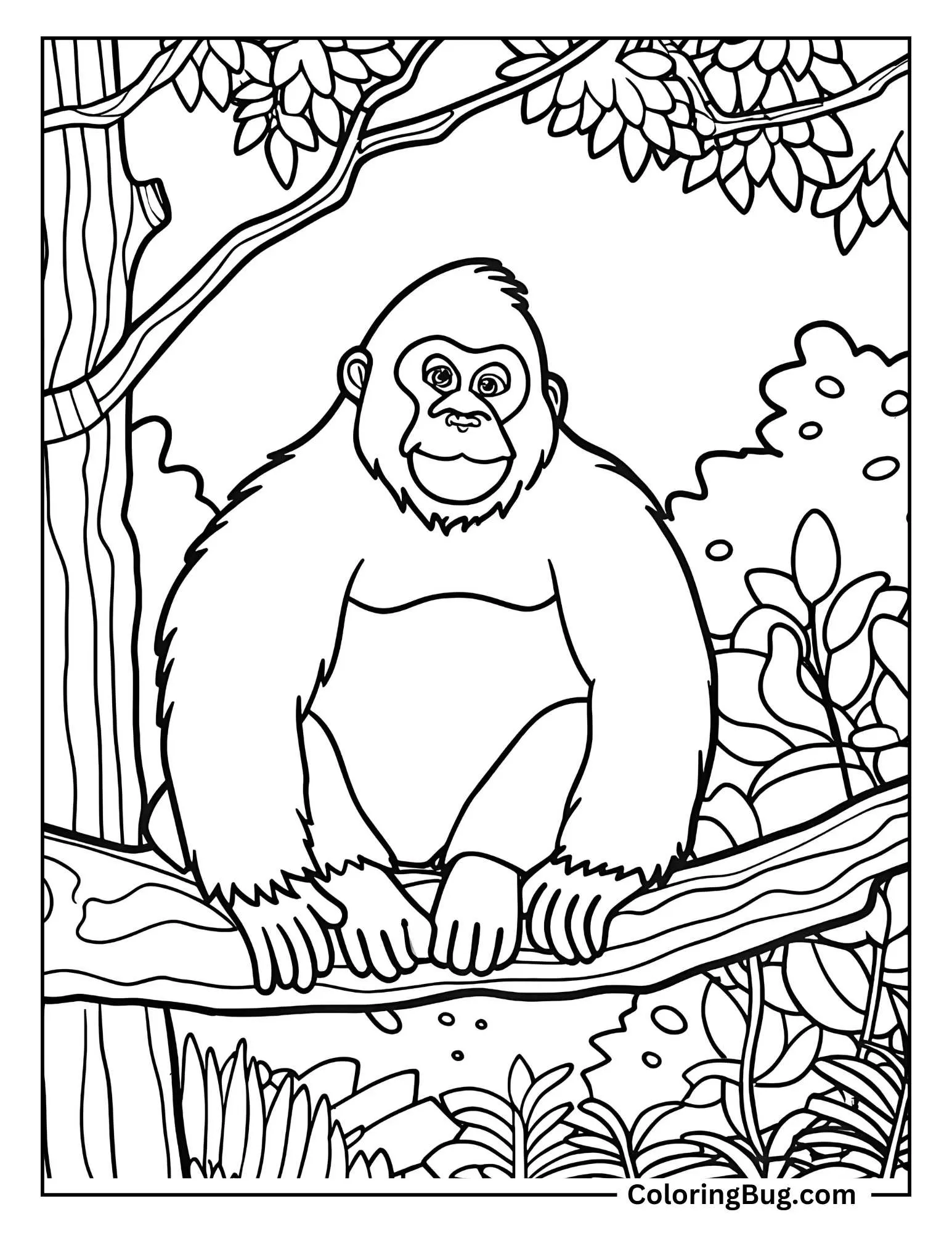 Gorilla Sitting On a High Branch Overlooking The Jungle Below Coloring Sheet