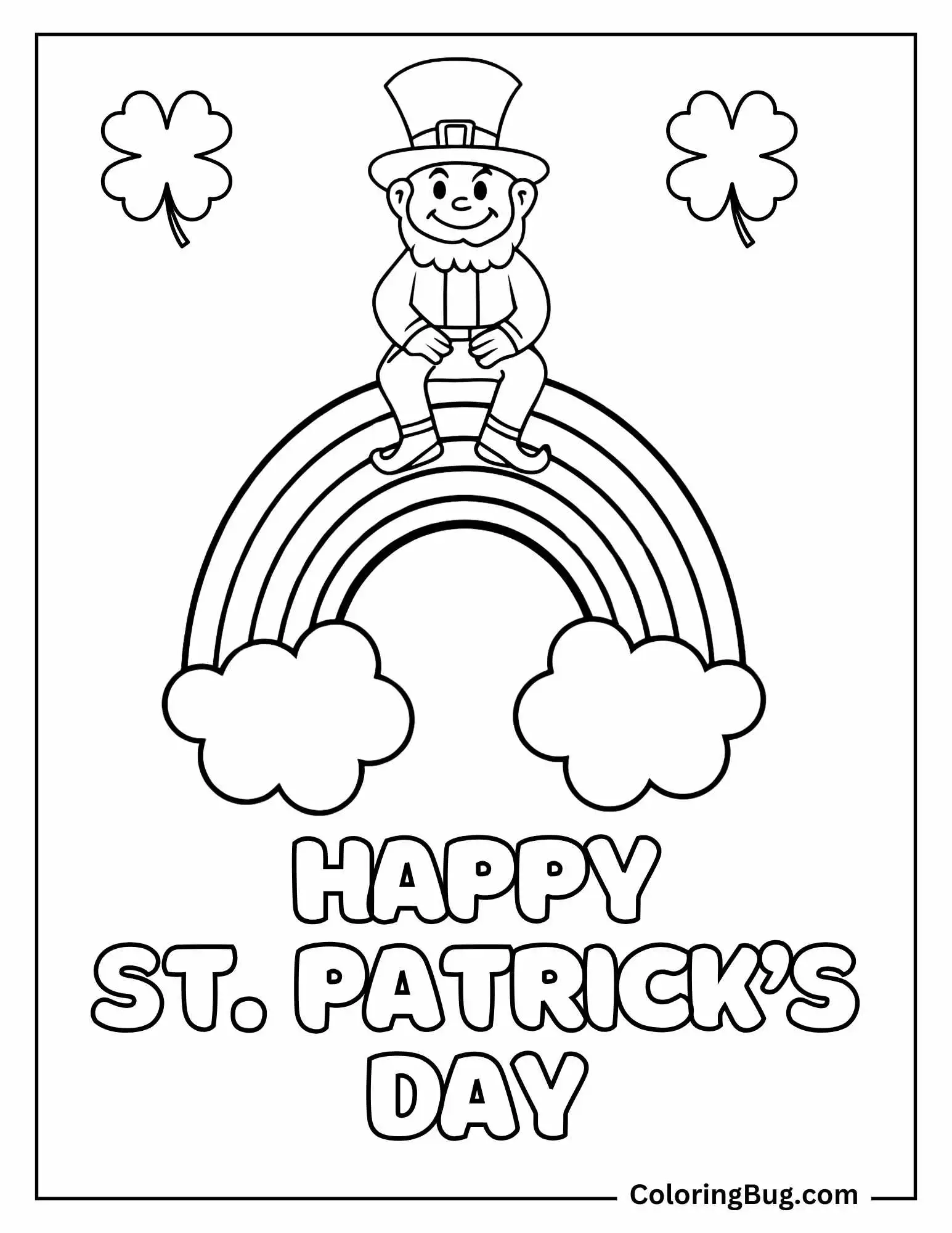 Happy St. Patrick's Day With Leprechaun Sitting on Rainbow Coloring Sheet