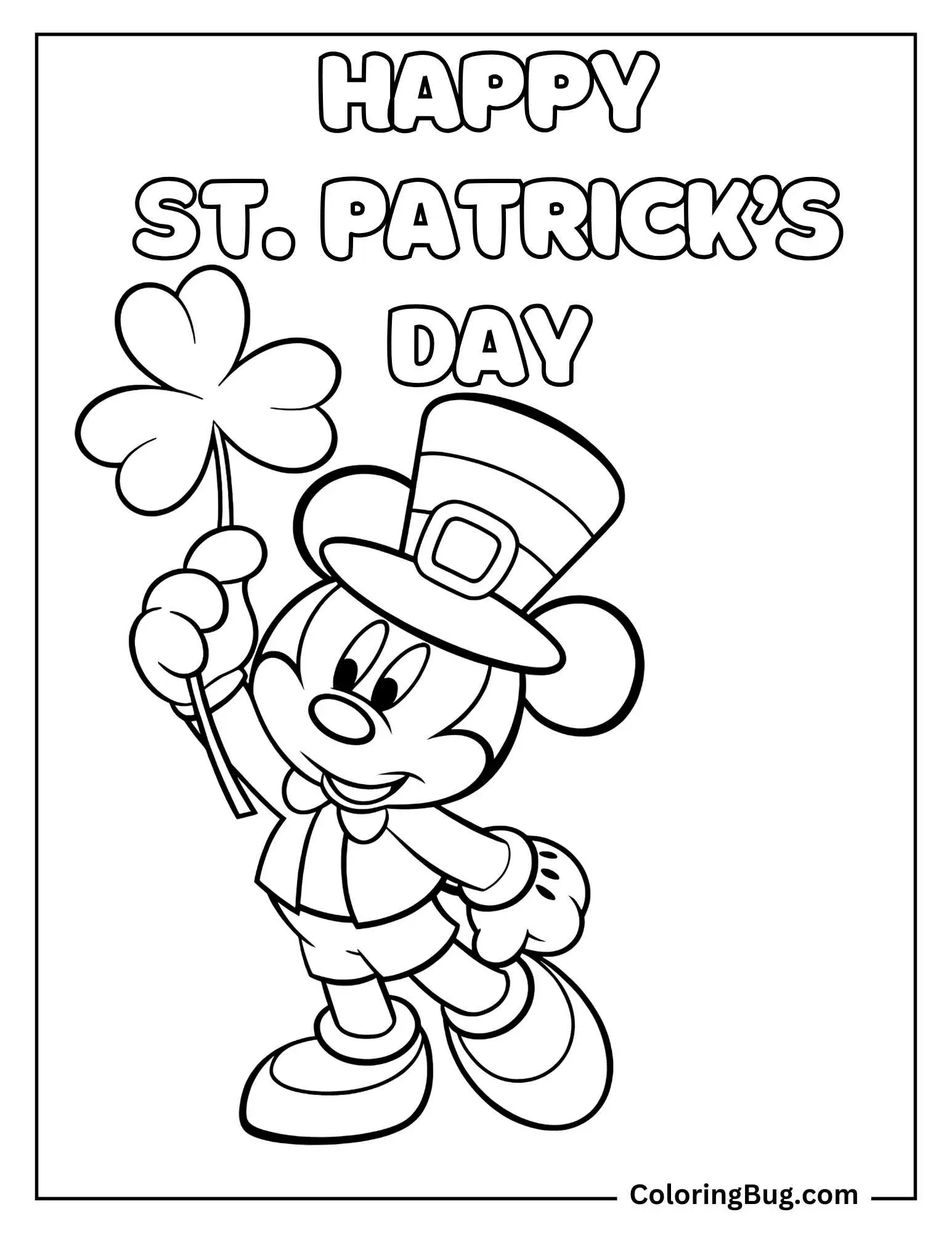 Happy St. Patrick's Day With Mickey Mouse With Shamrocks Coloring Sheet