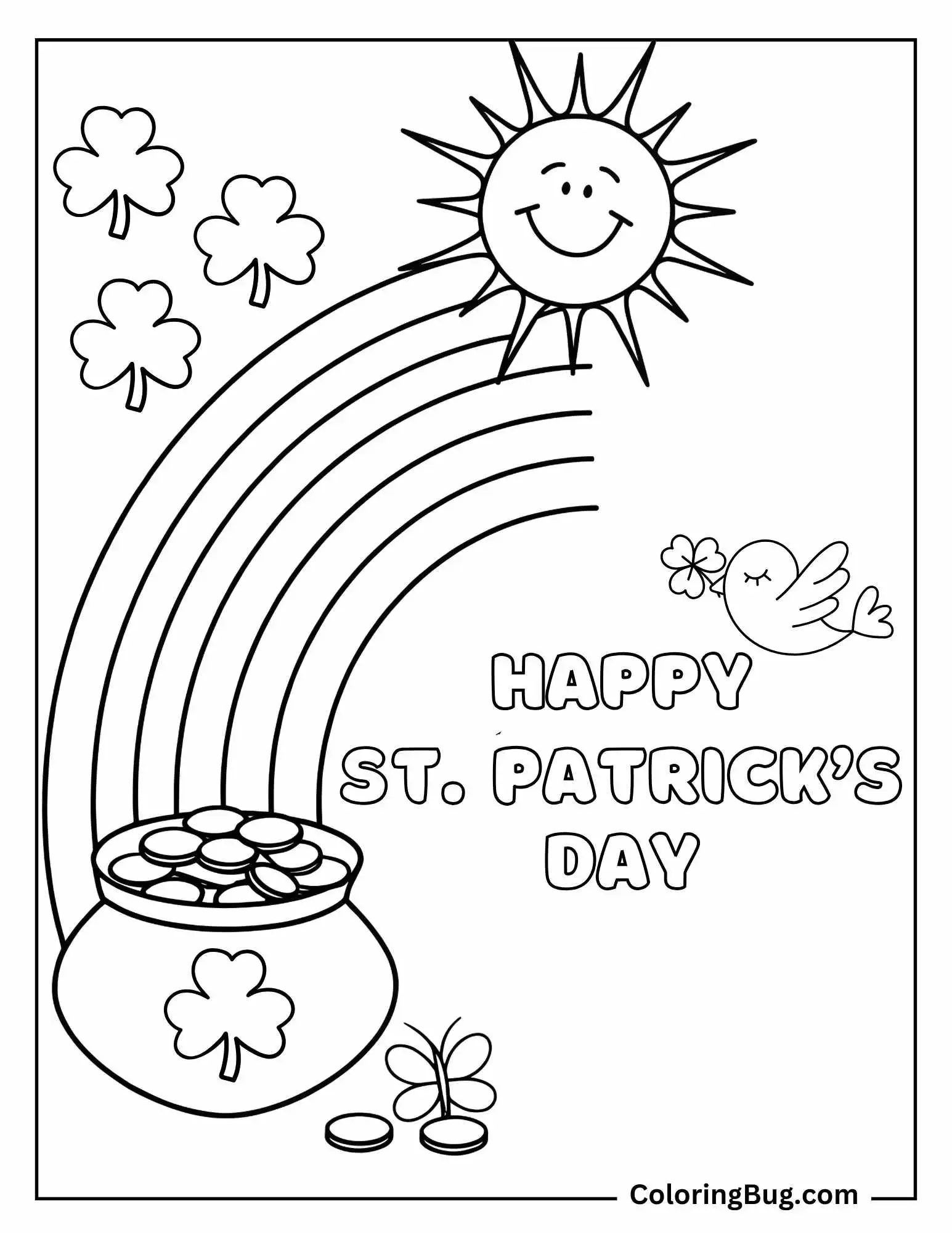 Happy St. Patrick's Day With Smiling Sun, Rainbow, Gold Pot, Shamrock, Bird And Butterfly Coloring Sheet