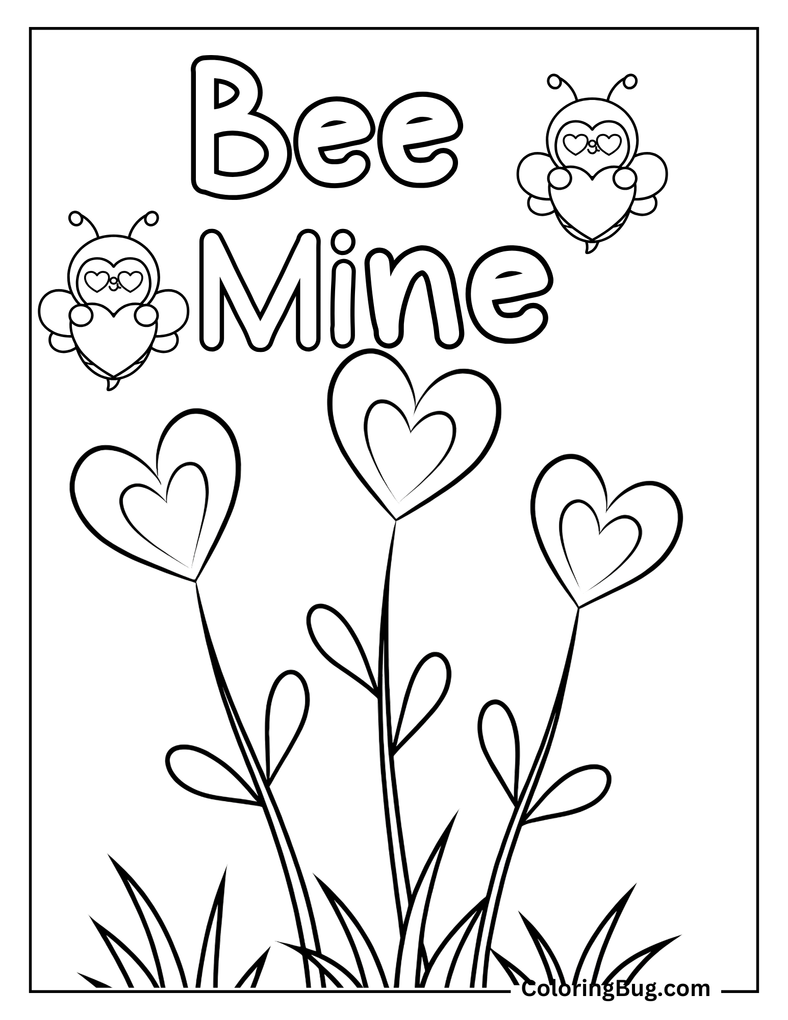 Heart Shaped Plants With Bees And Text Bee Mine Coloring Sheet
