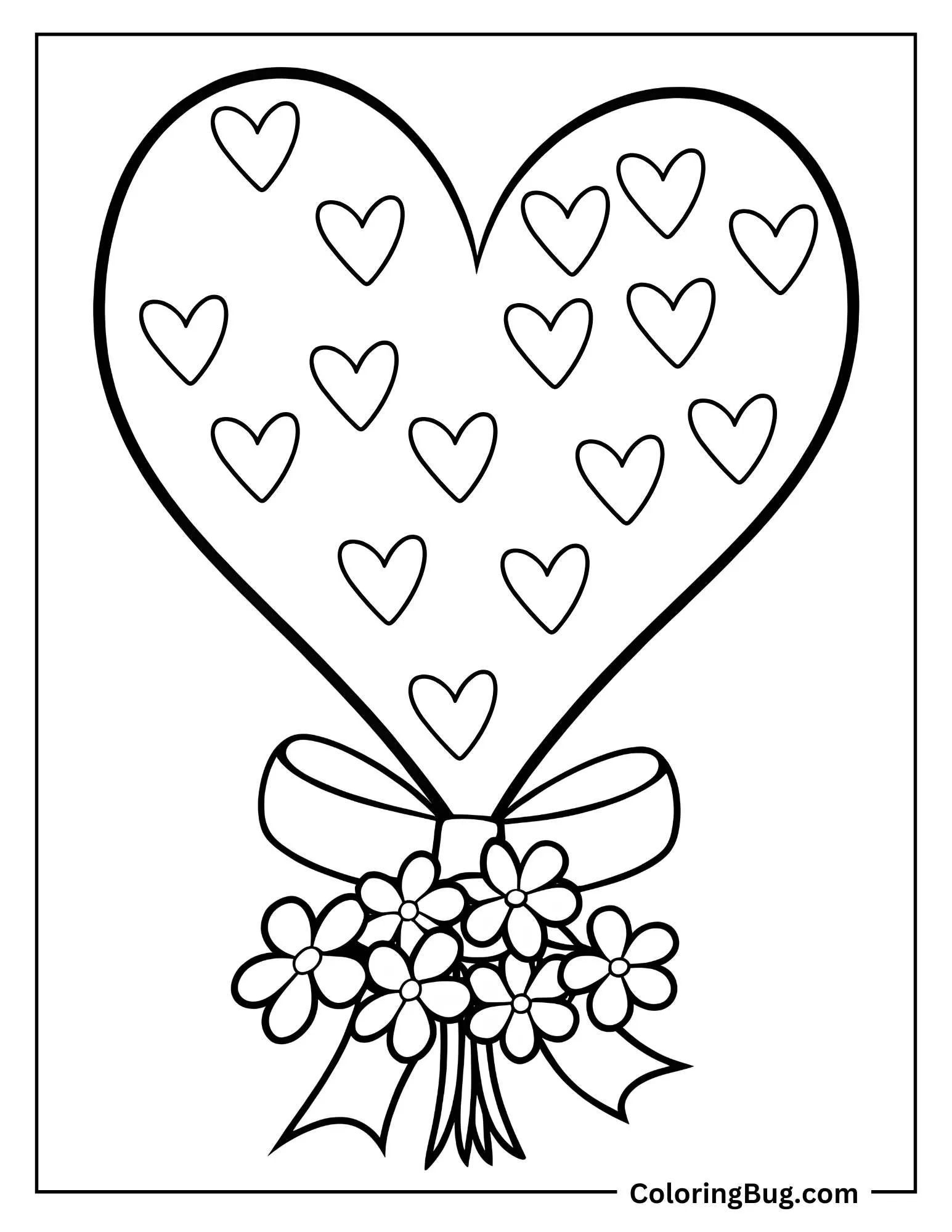 Heart With Flowers And Bow Coloring Sheet