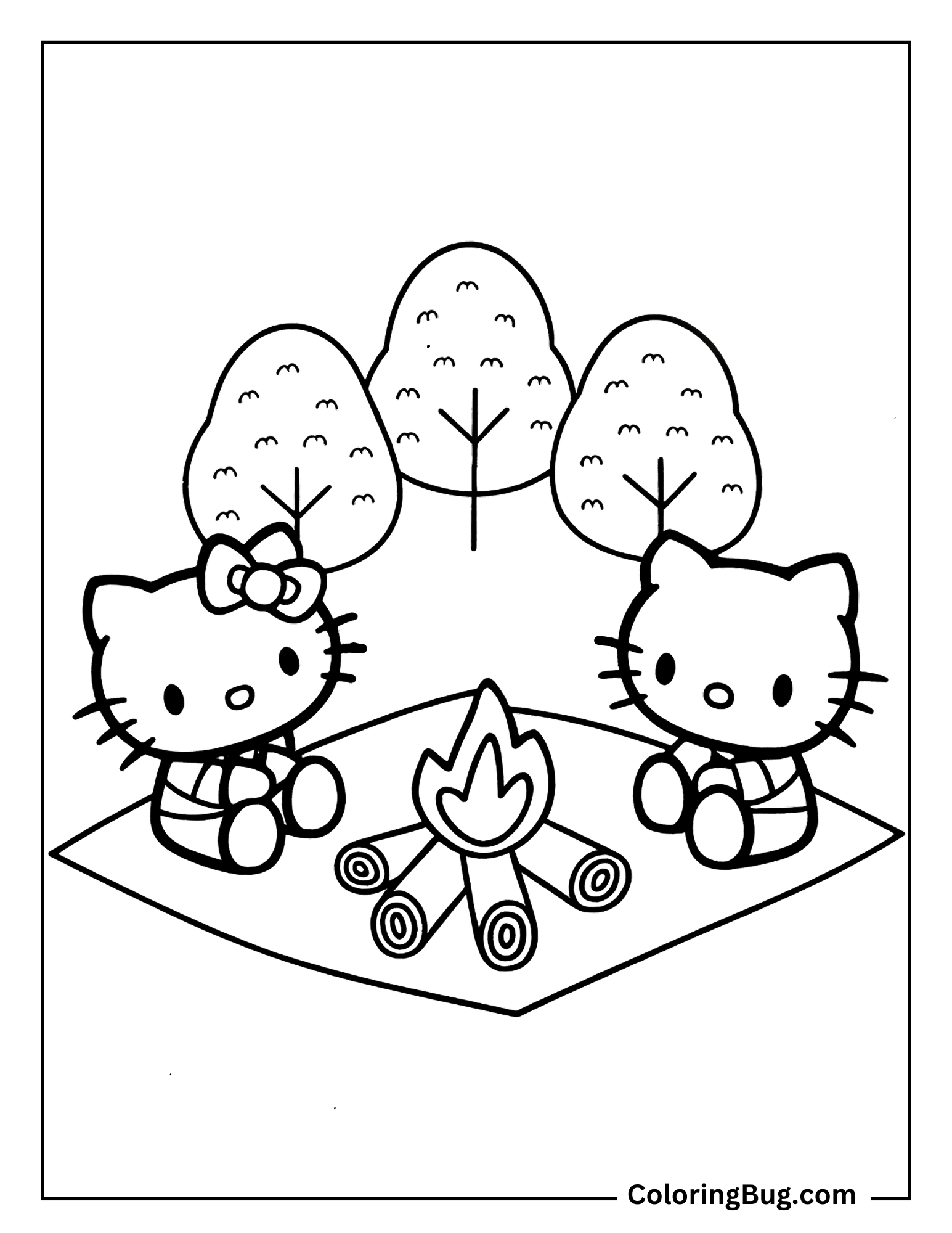 Hello Kitty And Friends Enjoying a Cozy Campfire Coloring Sheet
