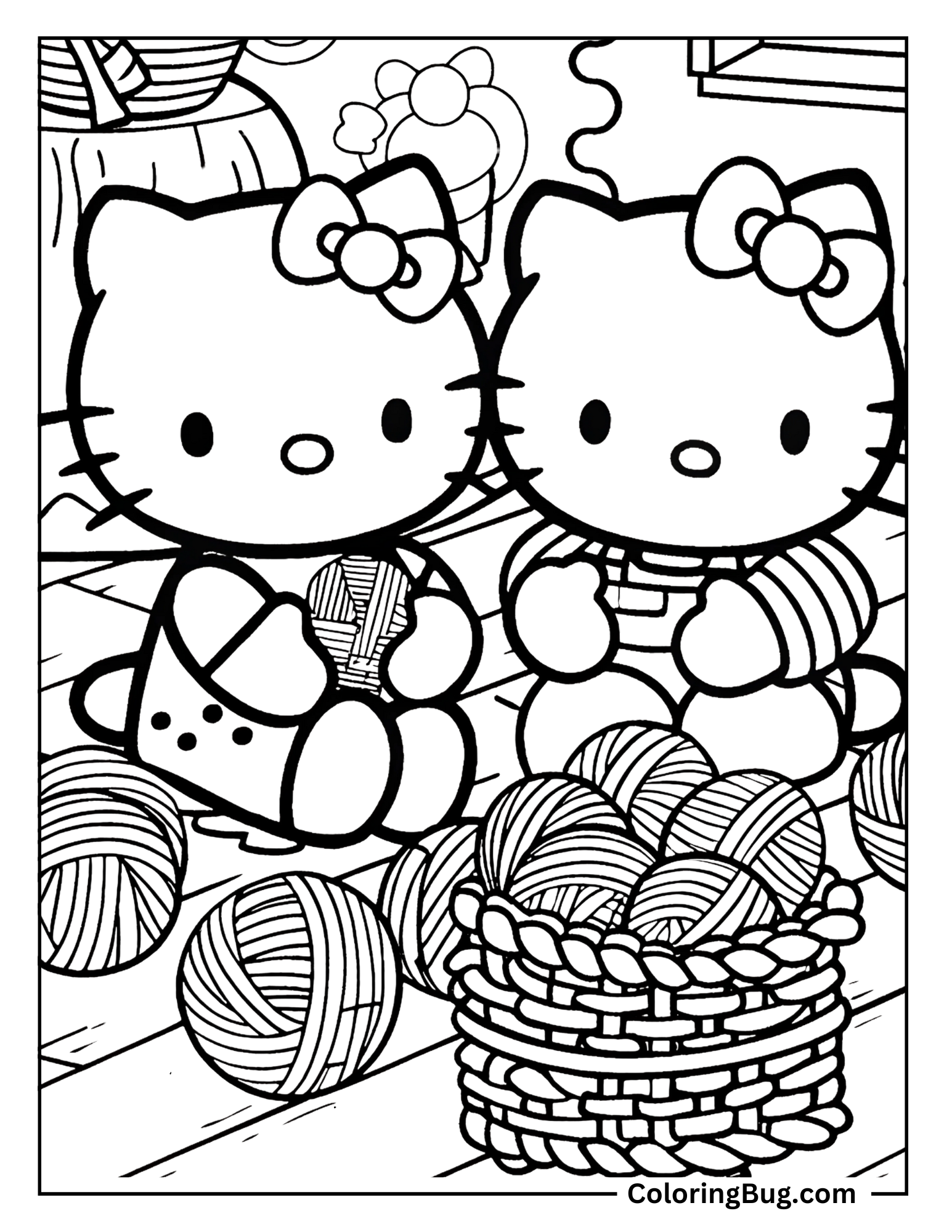 Hello Kitty And Her Cat Friend Having Fun With a Ball Of Yarn Coloring Sheet