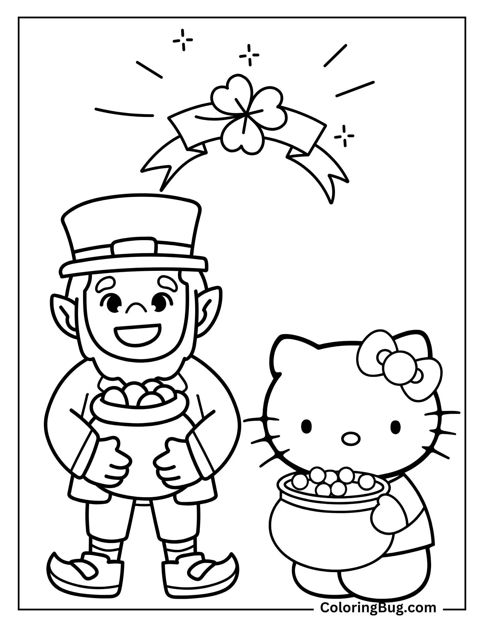 Hello Kitty And Leprechaun Holding Pot of Gold Coloring sheet