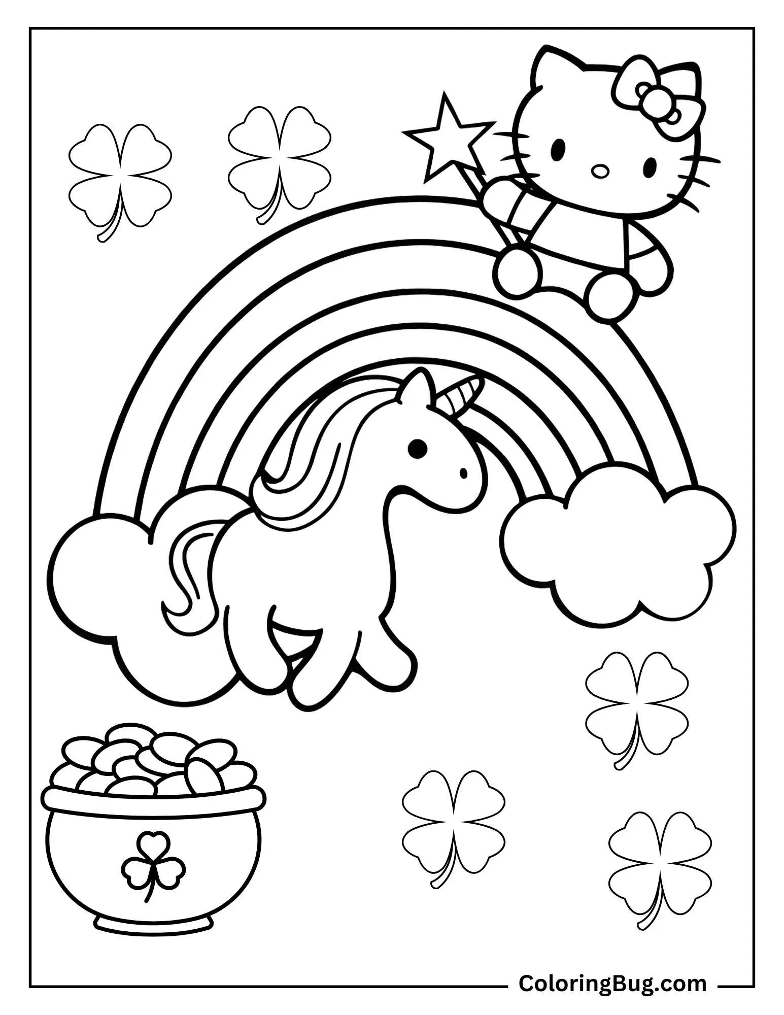 Hello Kitty And Unicorn With Pot of Gold And Shamrocks Coloring sheet