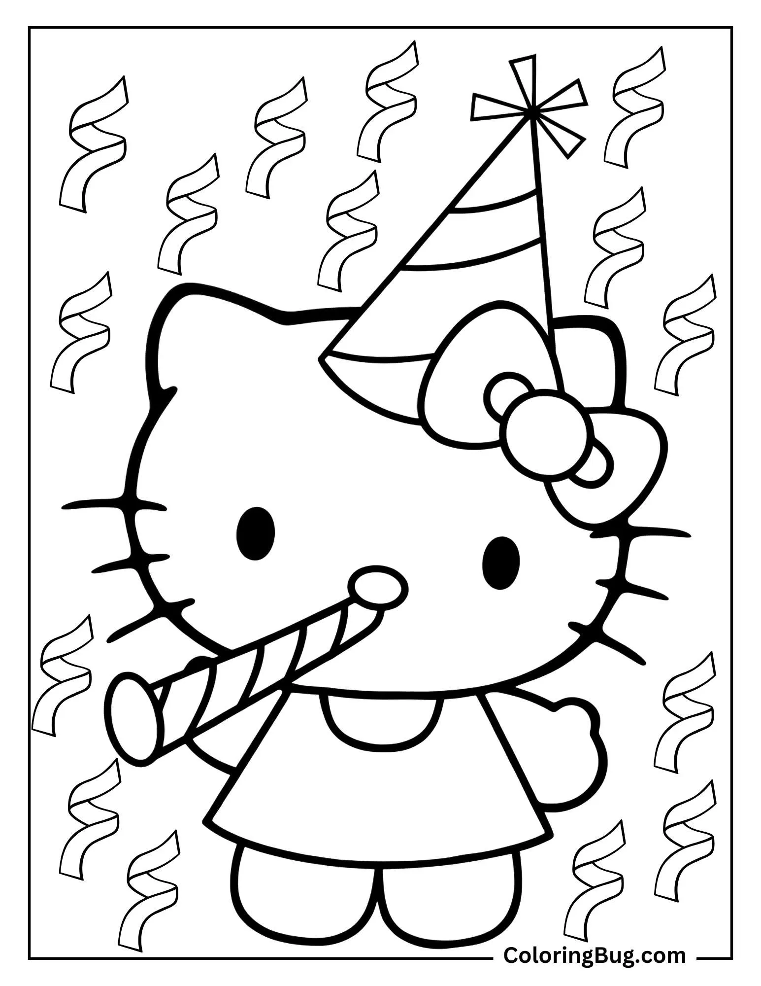 Hello Kitty Blowing a Party Horn Coloring Sheet