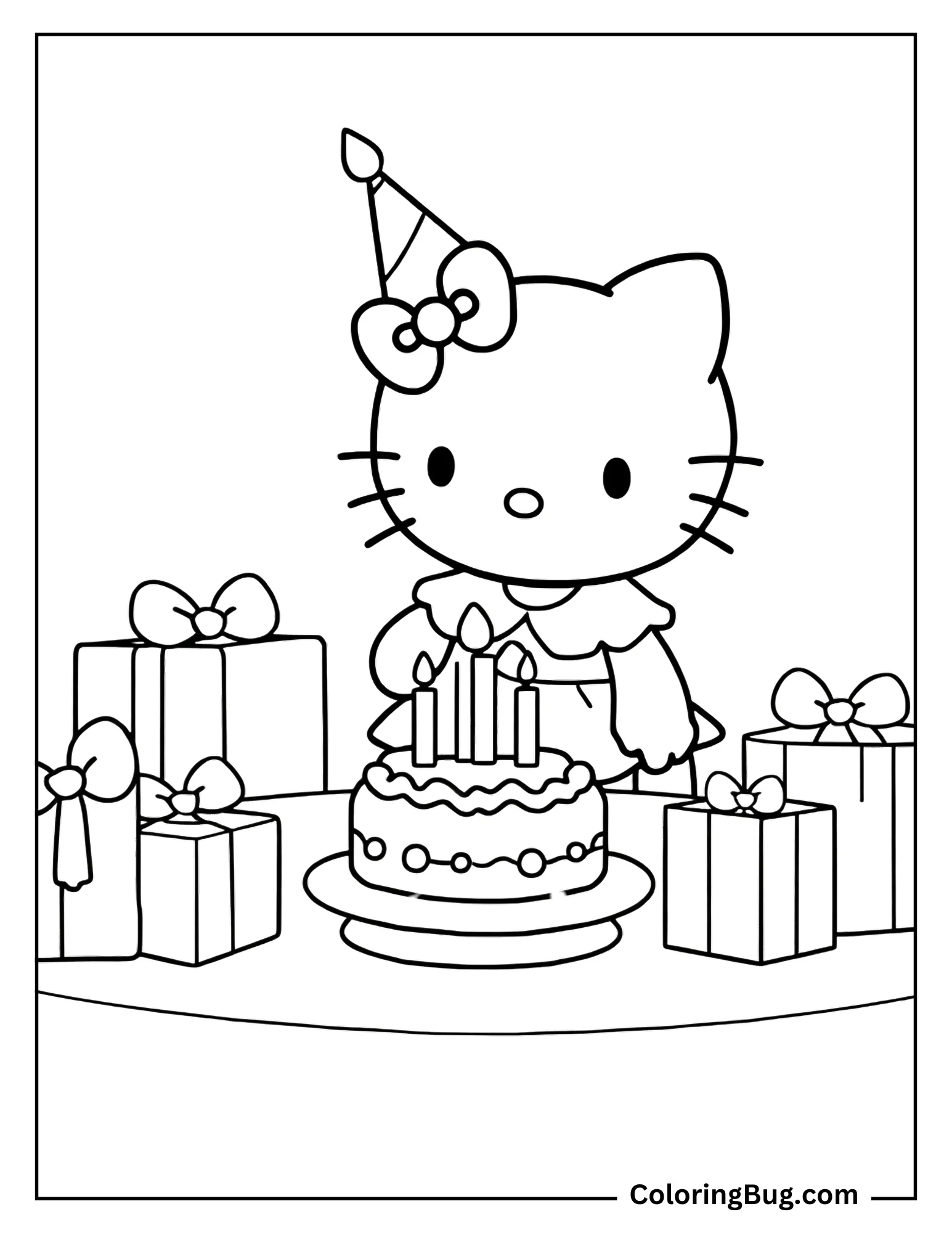 Hello Kitty Celebrating Birthday Coloring Sheet