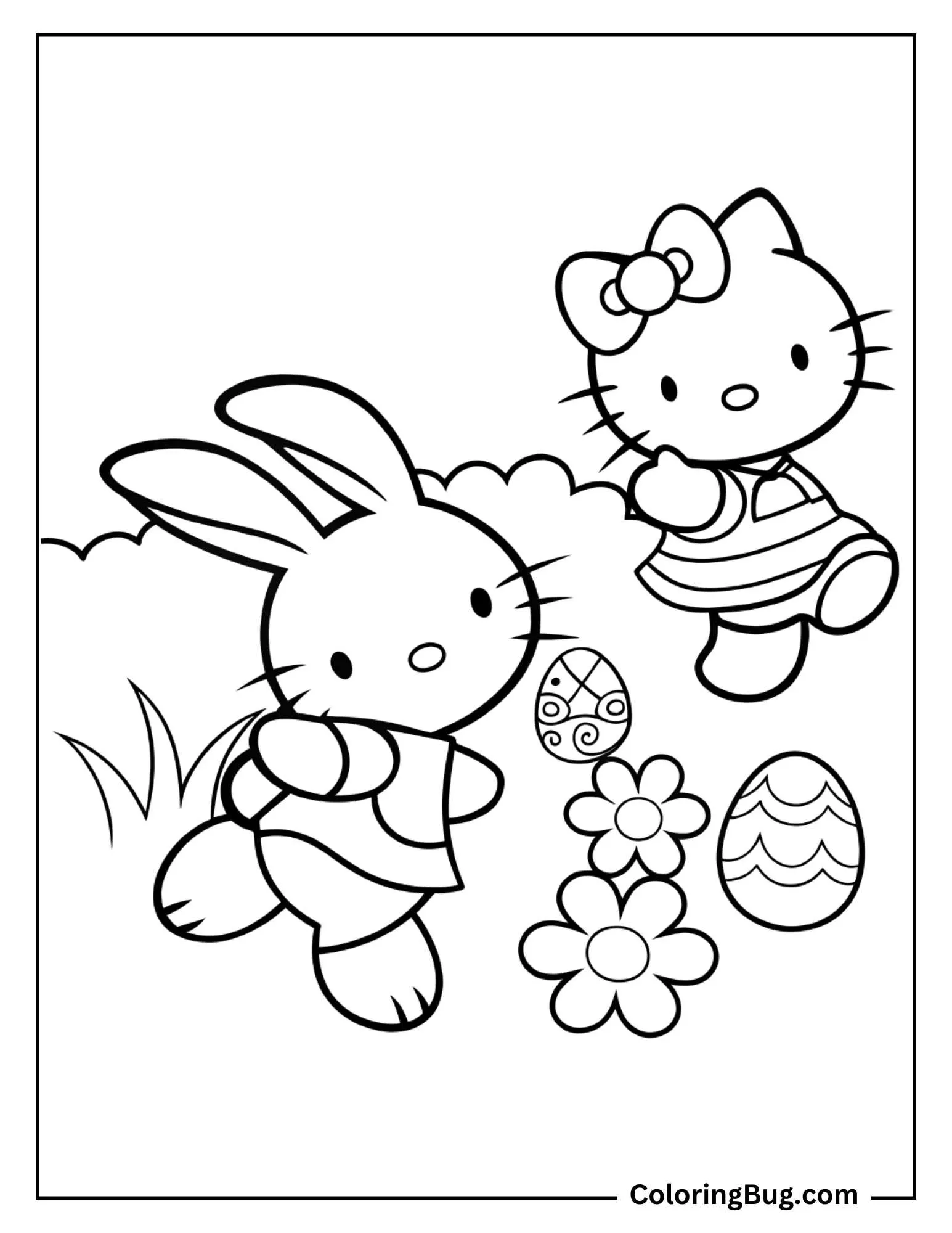 Hello Kitty Chasing Easter Bunny Coloring Page