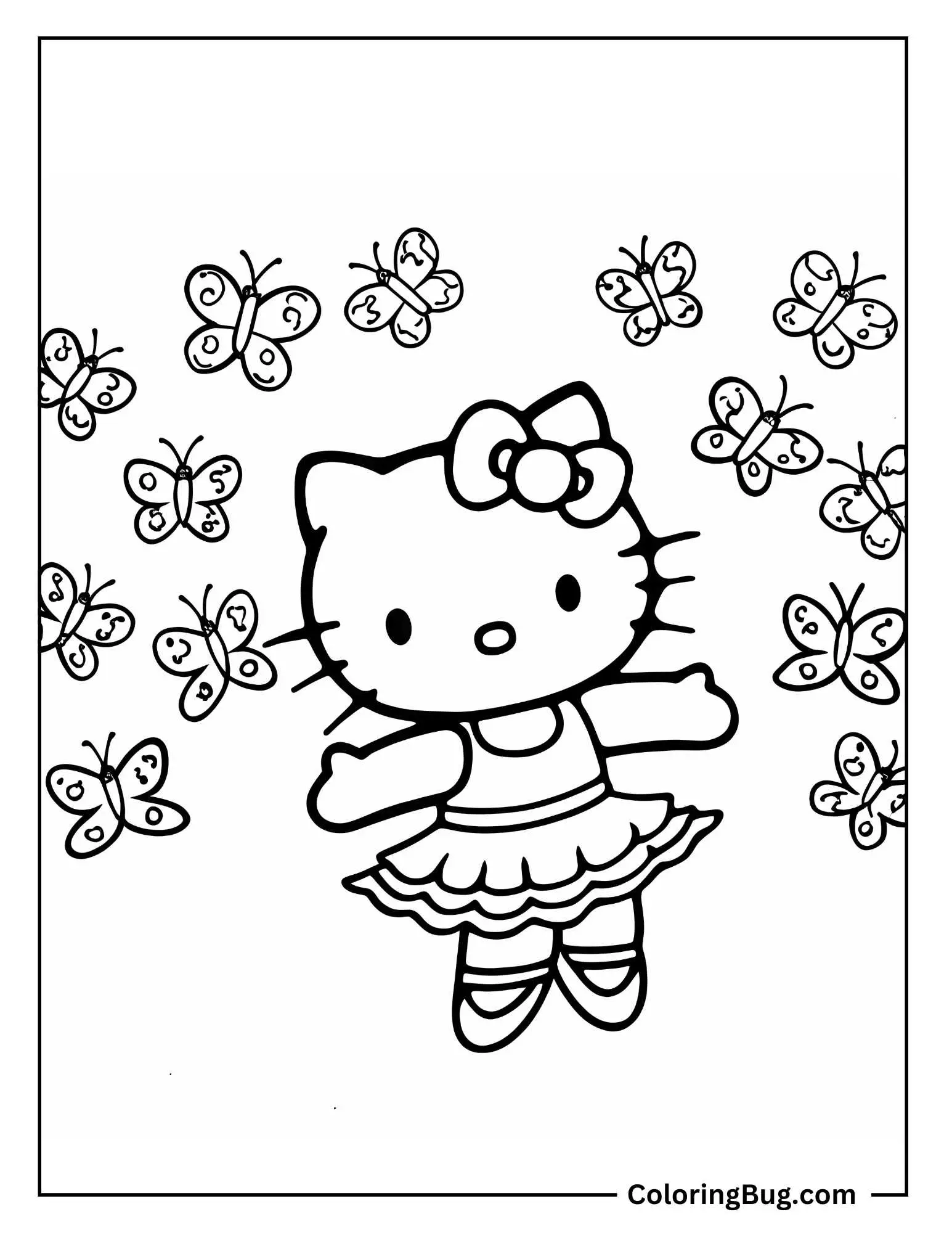 Hello Kitty Dancing With Butterflies Around Her Coloring Sheet