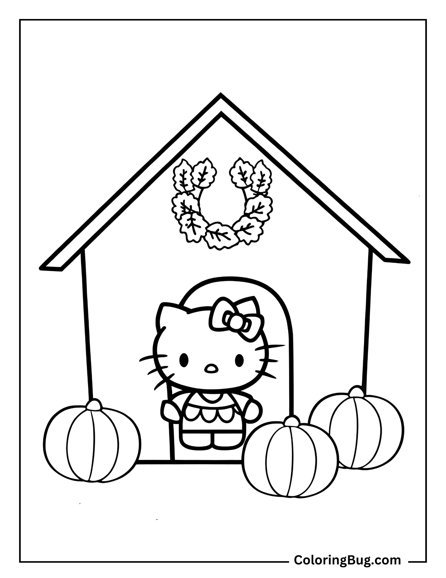 Hello Kitty Decorating Her House With Autumn Wreaths And Pumpkins Coloring Sheet