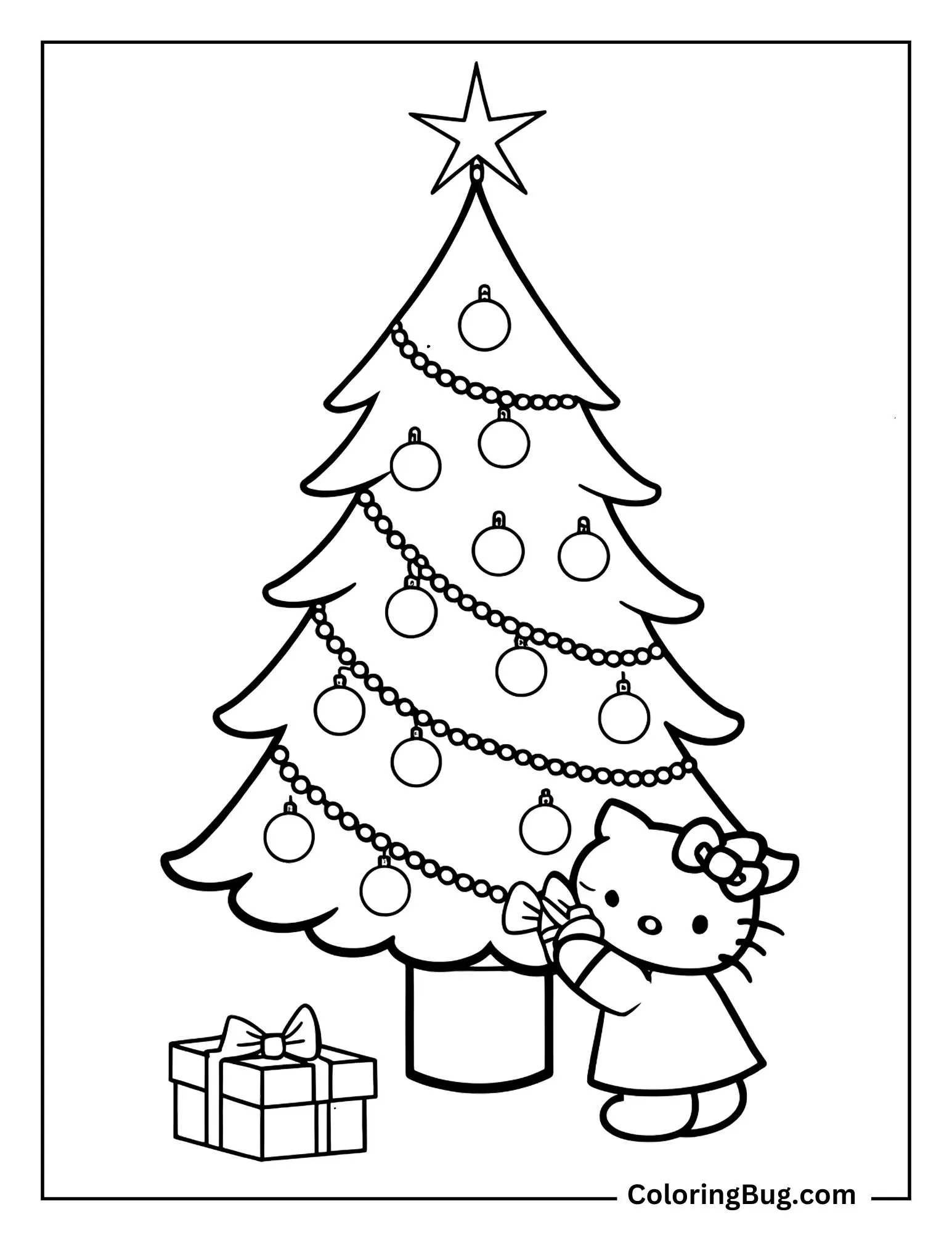 Hello Kitty Decorating a Christmas Tree Coloring Sheet