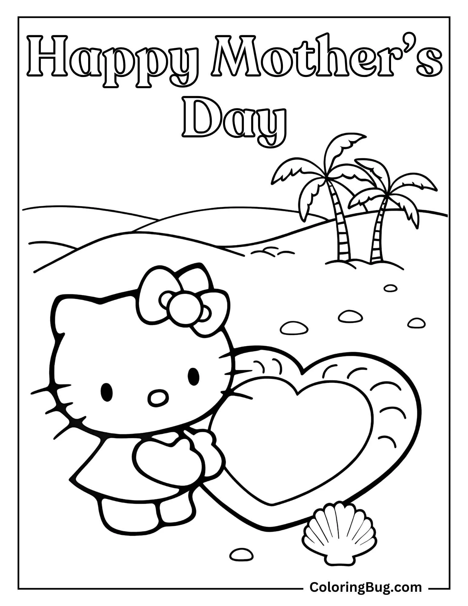 Hello Kitty Drawing Heart in Sand on Mother's Day Coloring Page