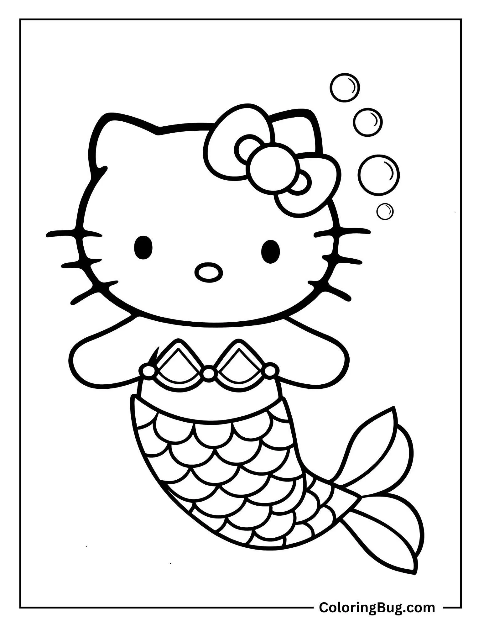 Hello Kitty Dressed As a Mermaid Underwater Coloring Sheet