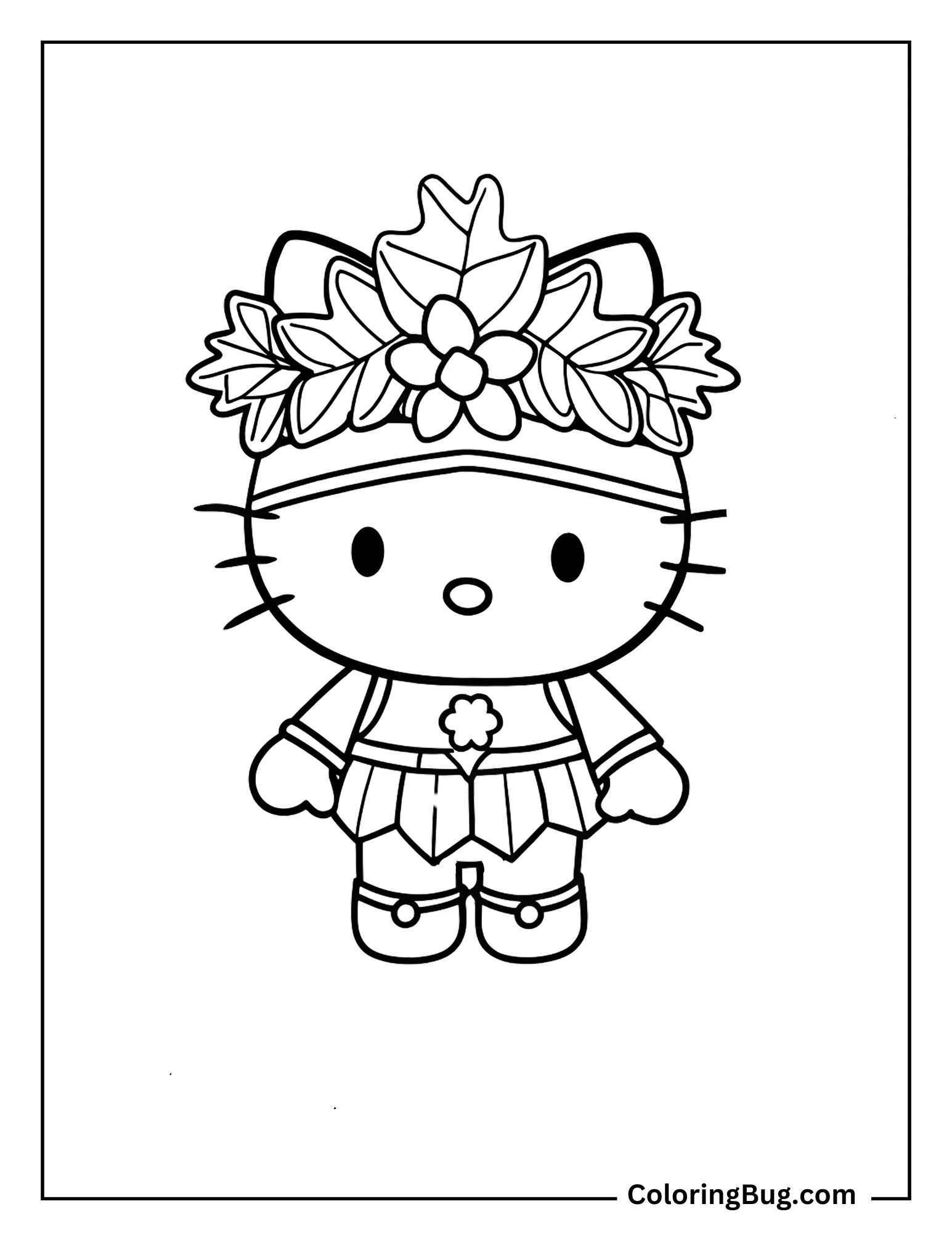 Hello Kitty Dressed As a Woodland Creature With a Leaf Crown Coloring Sheet