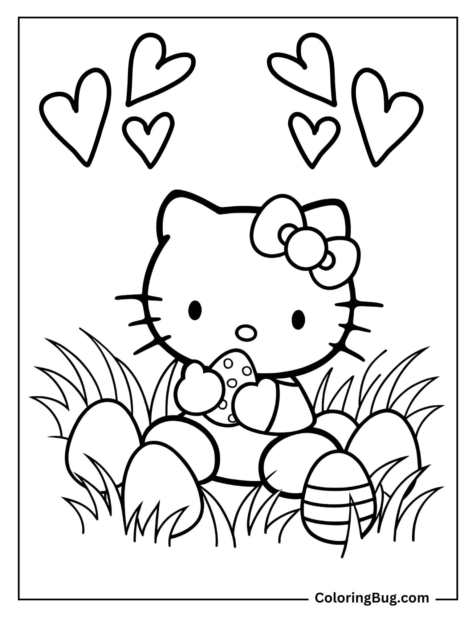 Hello Kitty Eating Easter Egg with Hearts Coloring Page