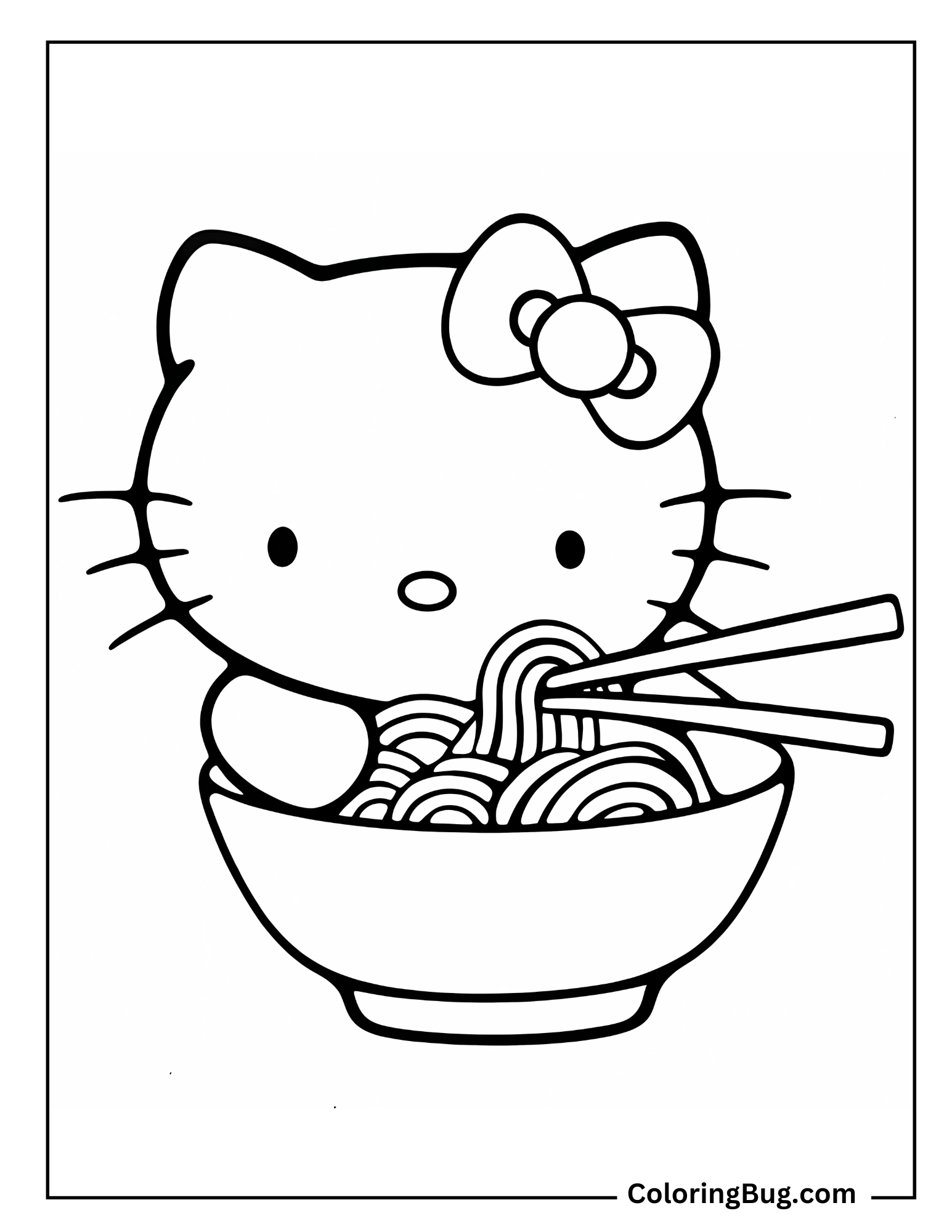 Hello Kitty Enjoying a Bowl Of Spaghetti Coloring Sheet