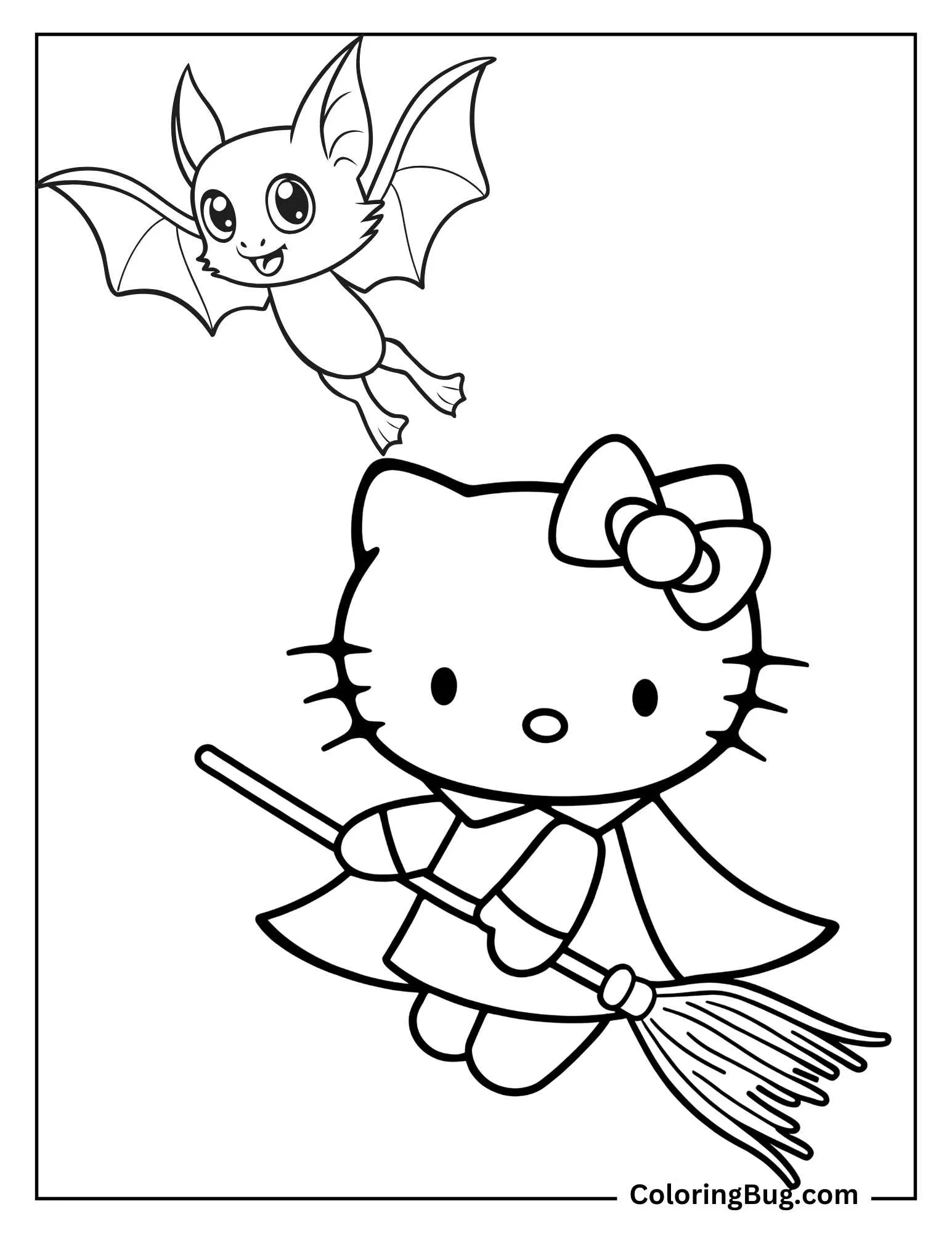 Hello Kitty Flying With Friendly Bat Coloring Sheet