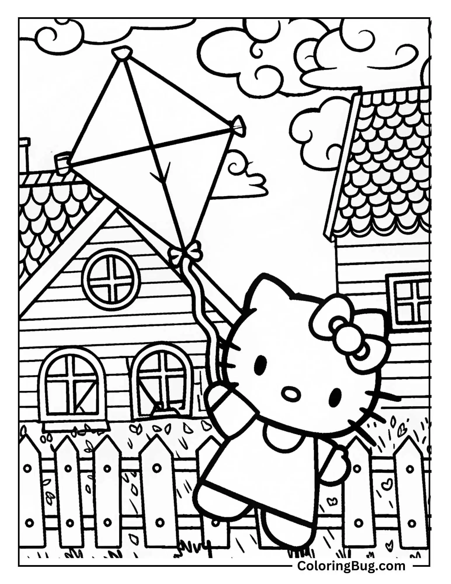 Hello Kitty Flying a Kite In The Sky Coloring Sheet